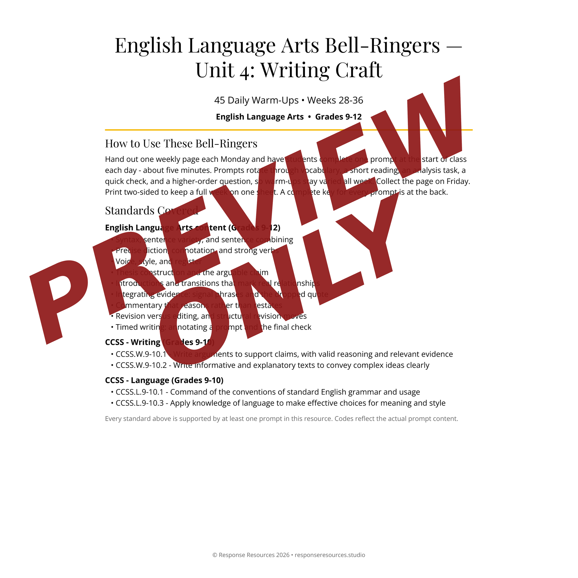 Preview page of English Language Arts Bell-Ringers — Unit 4: Writing Craft