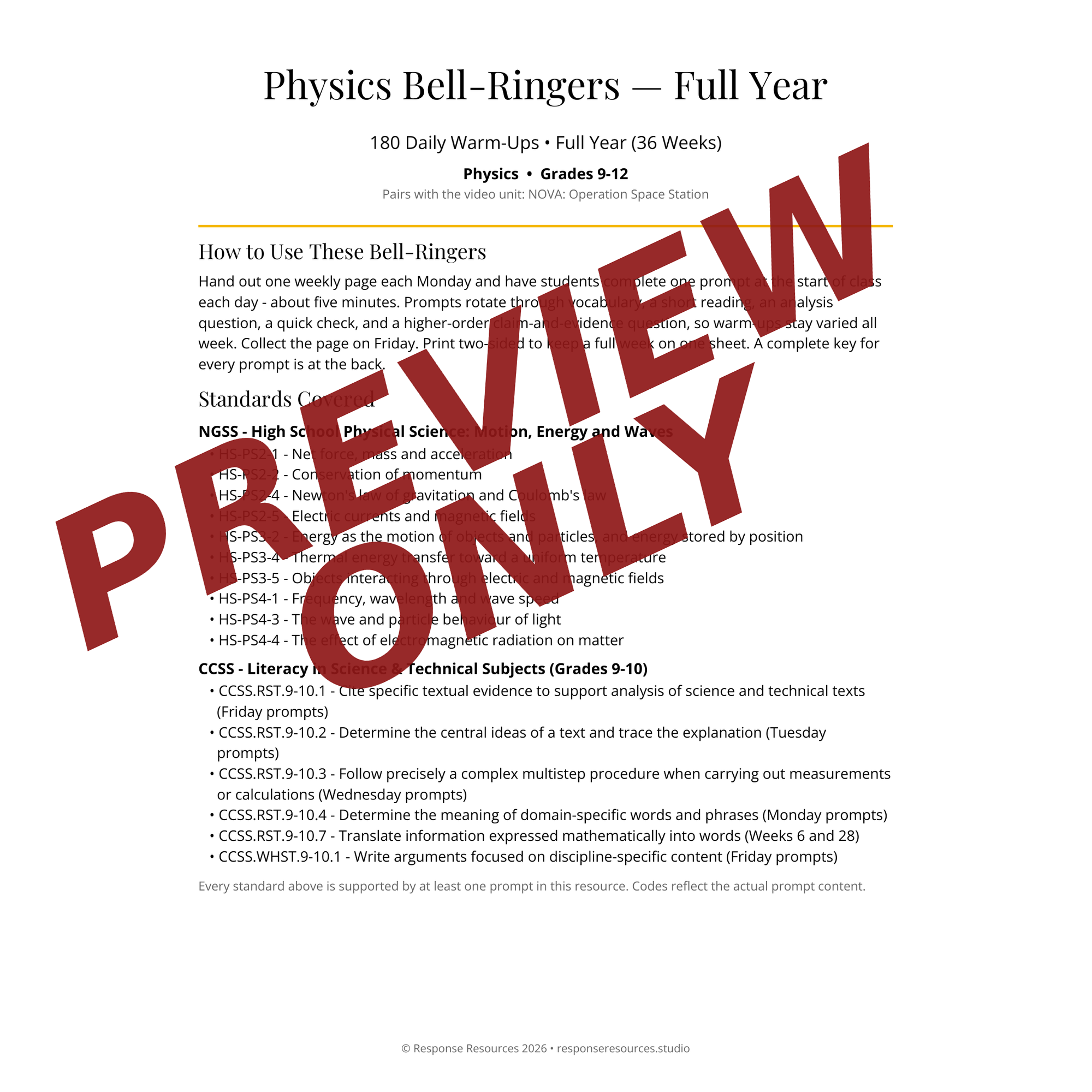 Preview page of Physics Bell-Ringers — Full Year