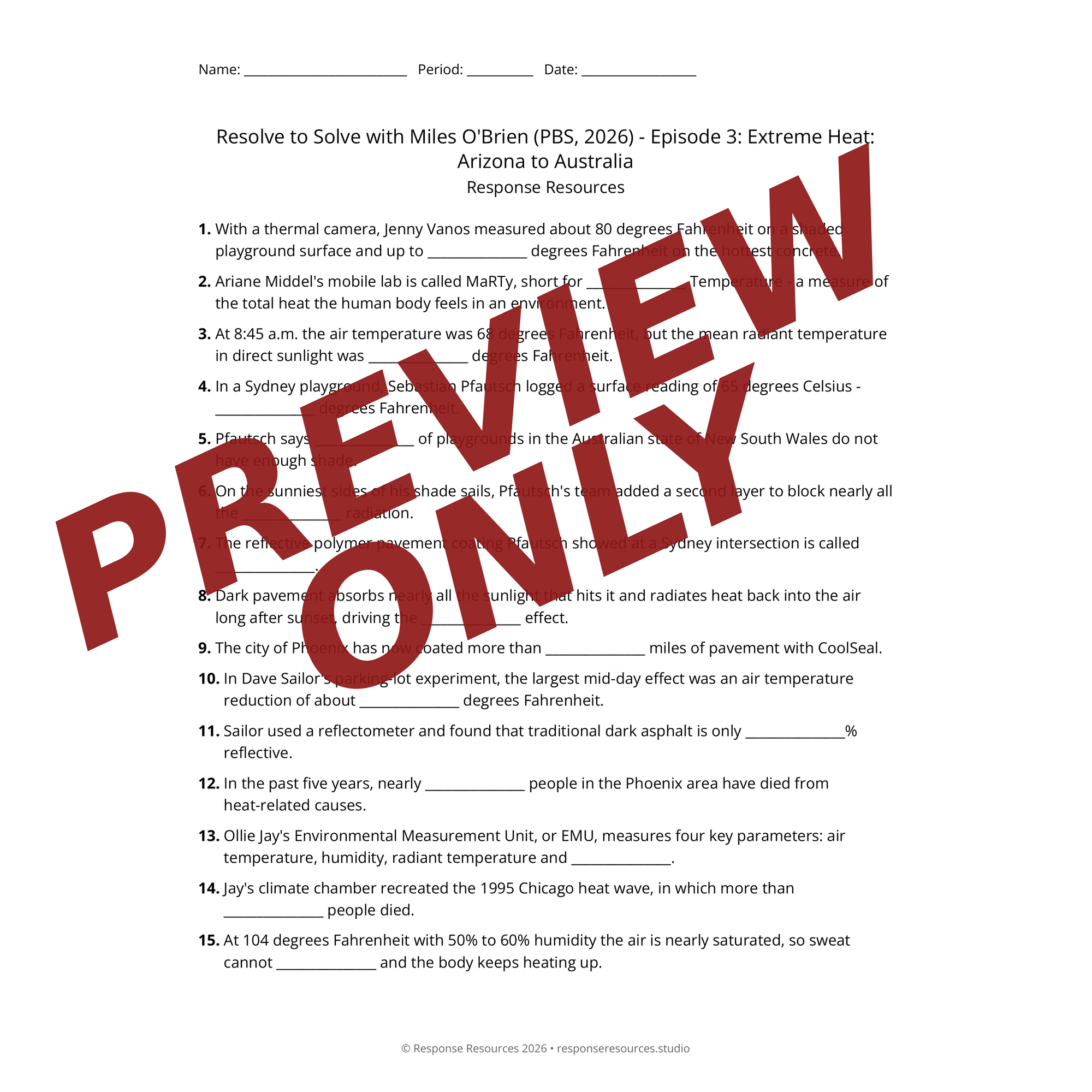 Preview of Resolve to Solve with Miles O'Brien (PBS, 2026) - Episode 3: Extreme Heat: Arizona to Australia worksheet — fill-in-the-blank documentary worksheet for Environmental Science