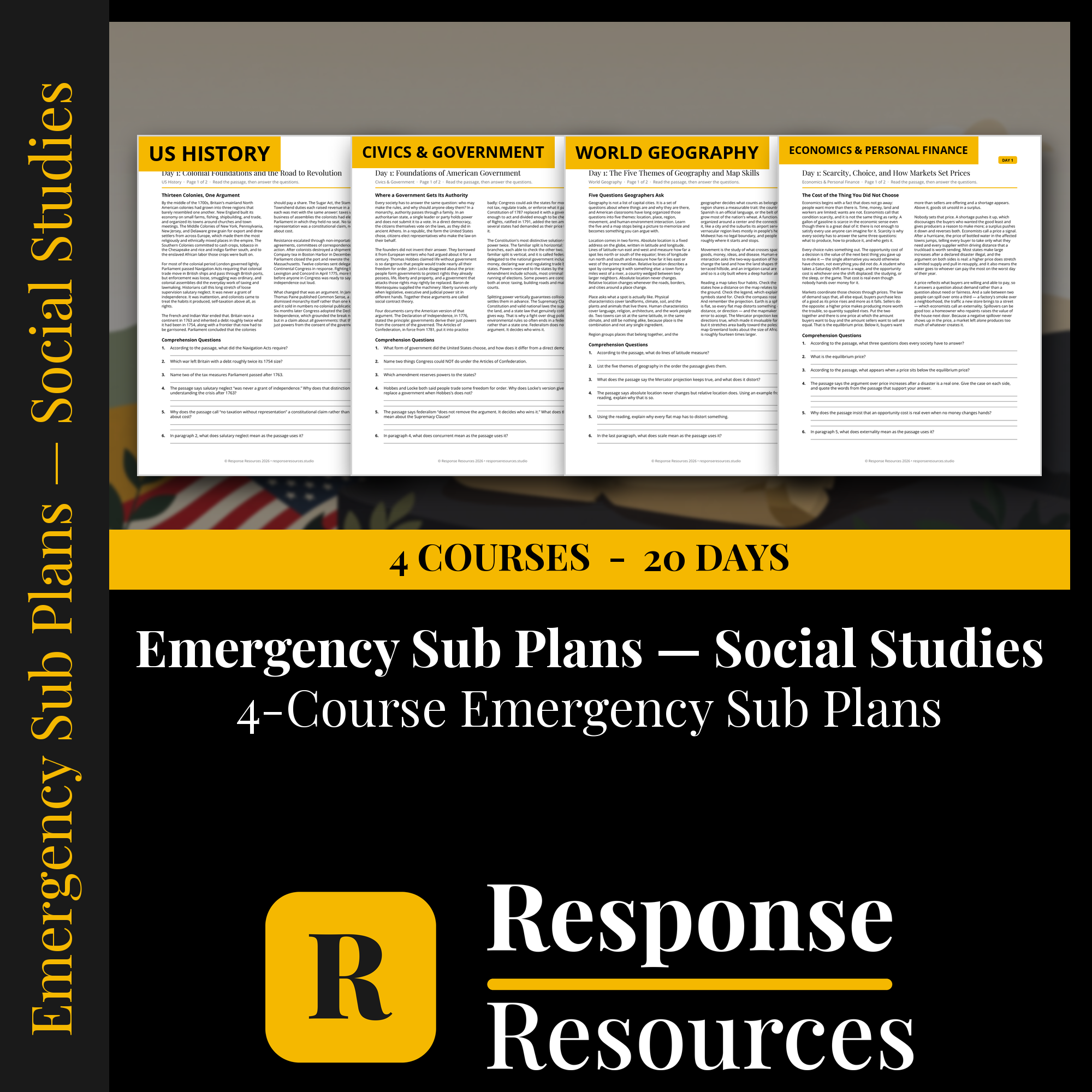 Emergency Sub Plans — Social Studies Bundle cover — Response Resources