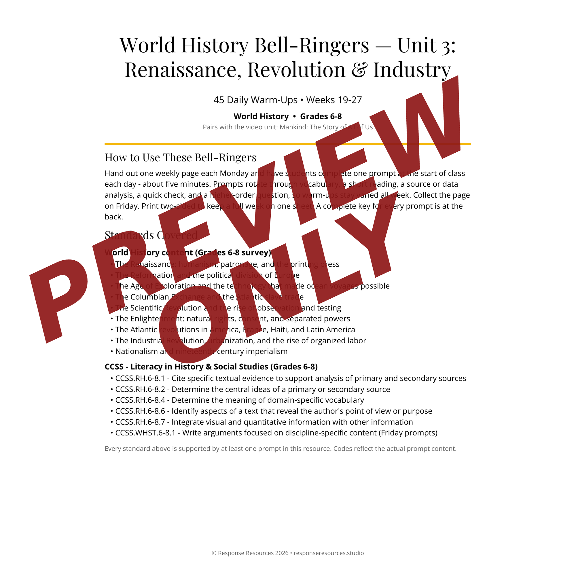 Preview page of World History Bell-Ringers — Unit 3: Renaissance, Revolution & Industry