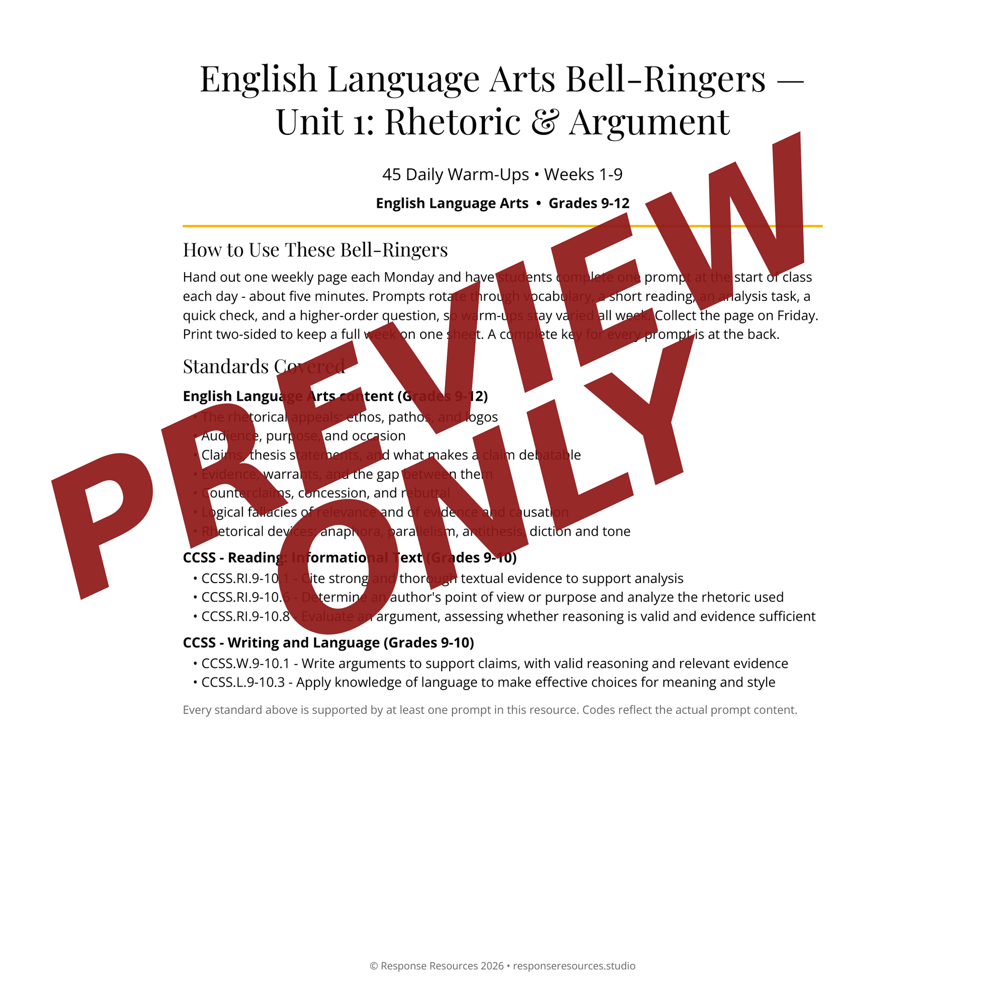 Preview page of English Language Arts Bell-Ringers — Unit 1: Rhetoric & Argument