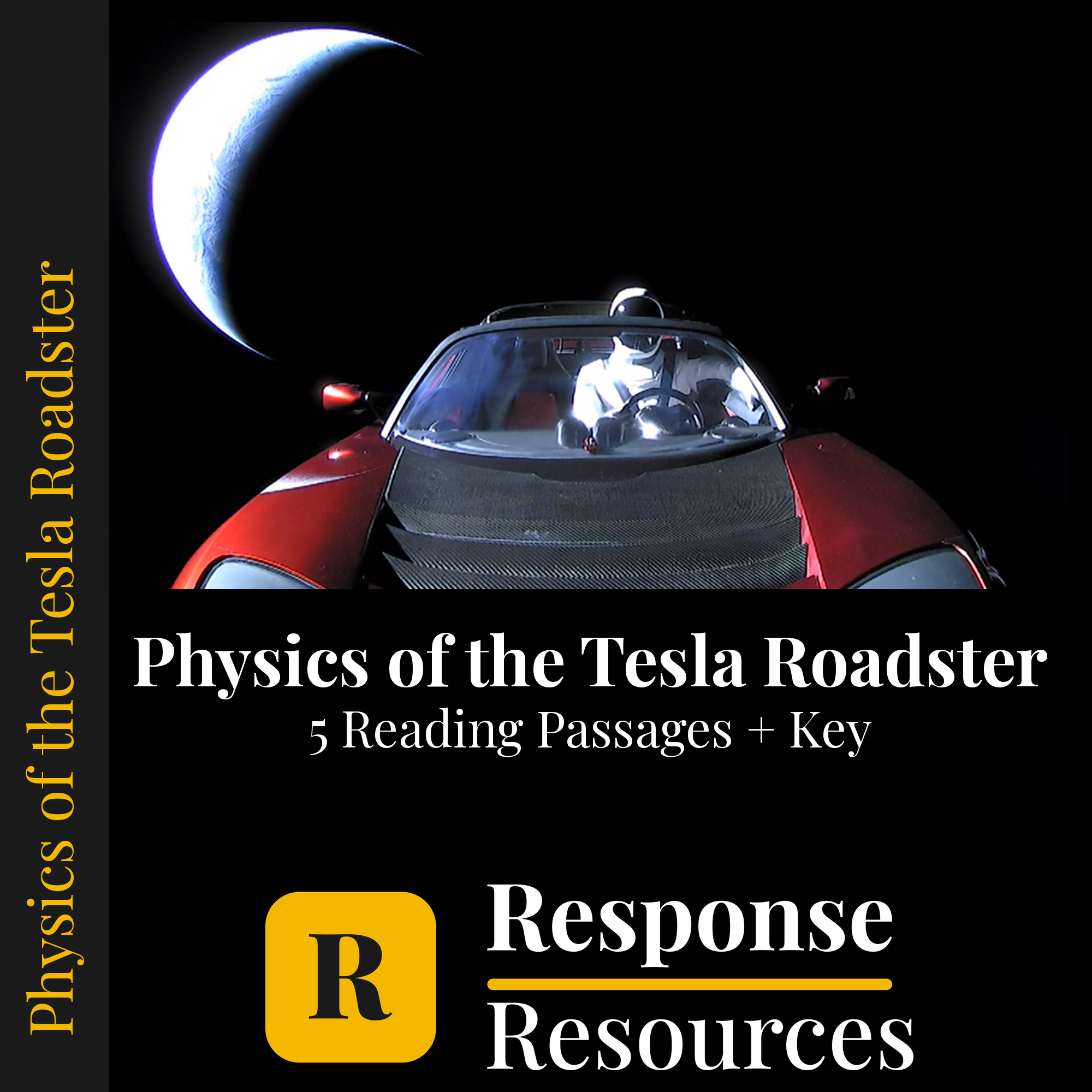 Cover of Physics of the Tesla Roadster reading passage set, showing a red Tesla Roadster in space with Earth behind it