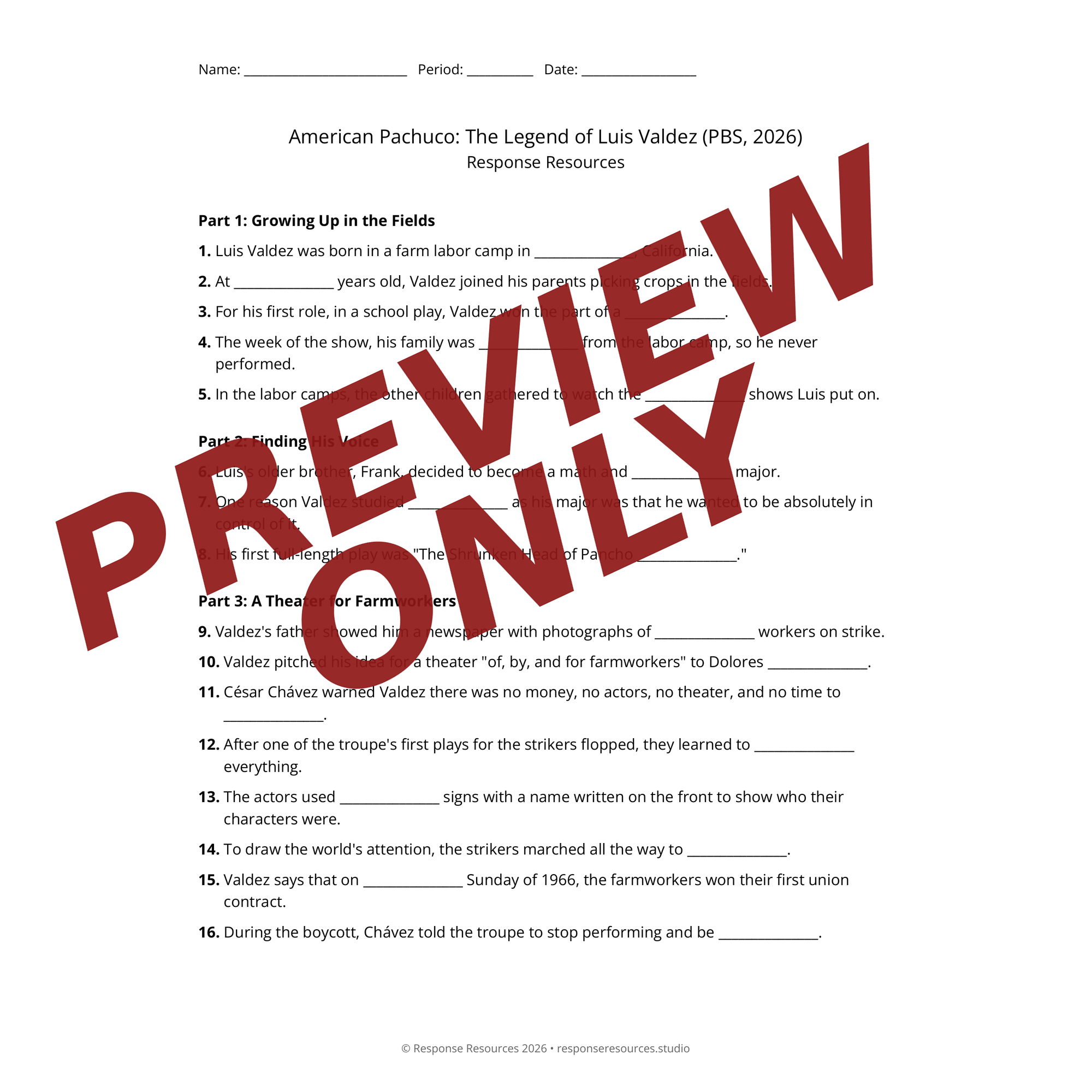 Preview of American Pachuco: The Legend of Luis Valdez (PBS, 2026) worksheet — fill-in-the-blank documentary worksheet for US History