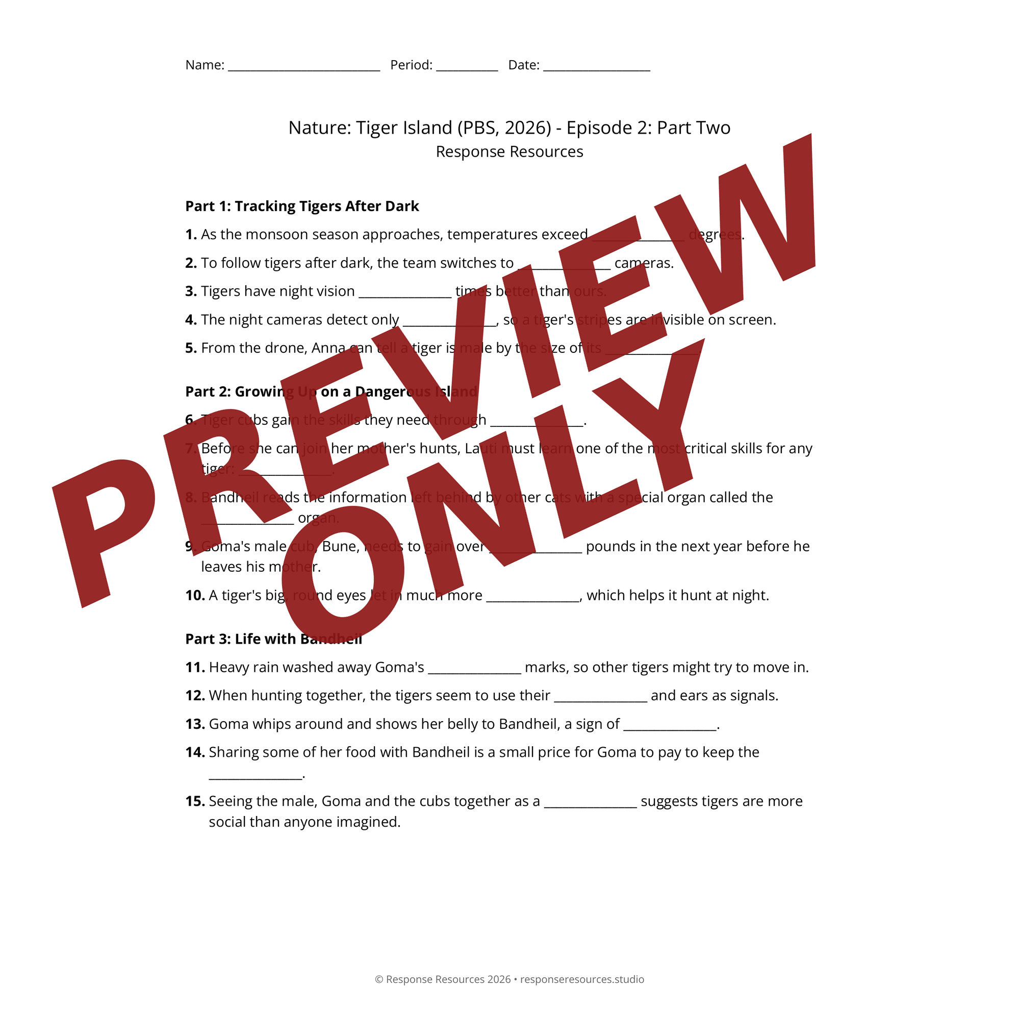 Preview of Nature: Tiger Island (PBS, 2026) - Episode 2: Part Two worksheet — fill-in-the-blank documentary worksheet for Biology