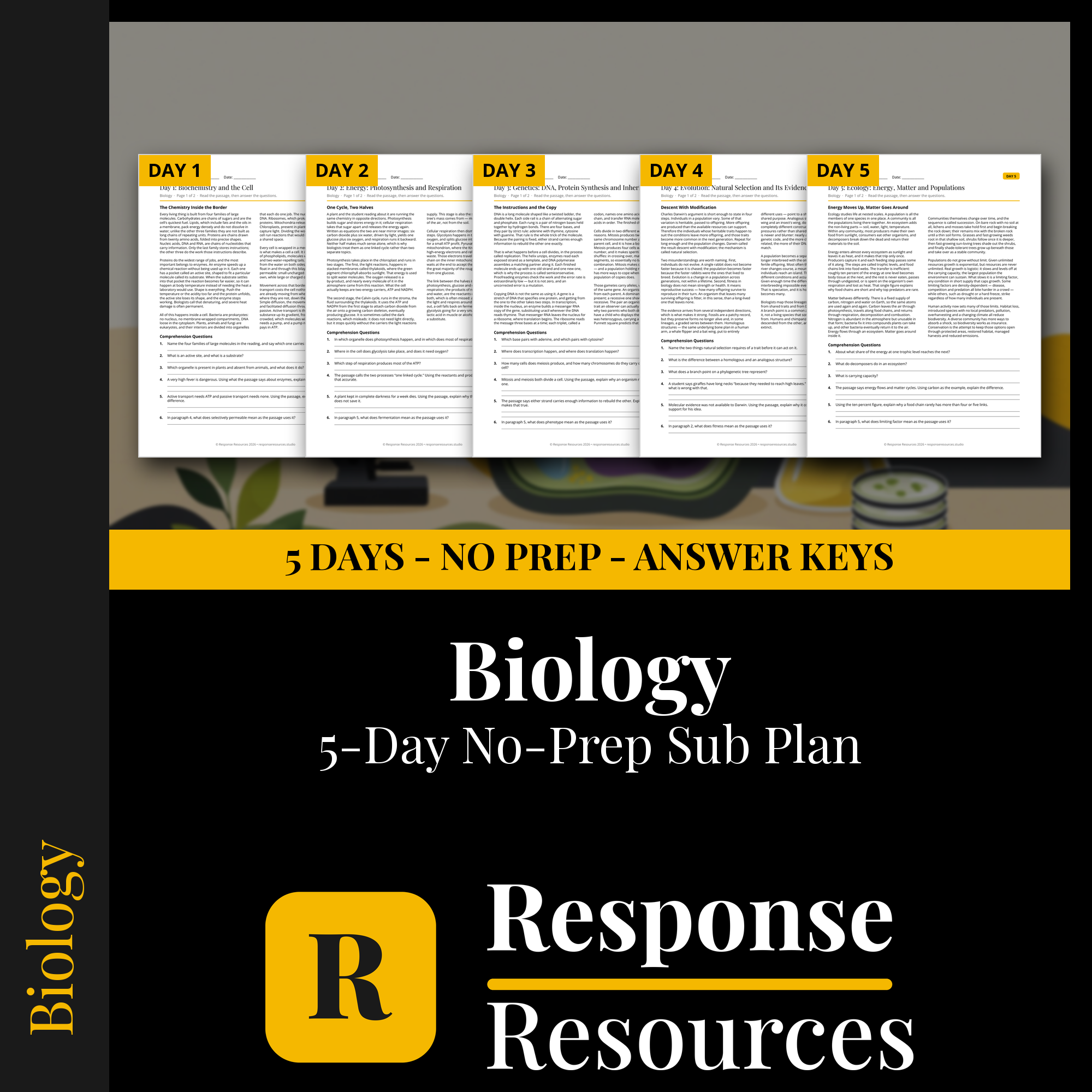 Response Resources 5-day no-prep Biology substitute plan cover