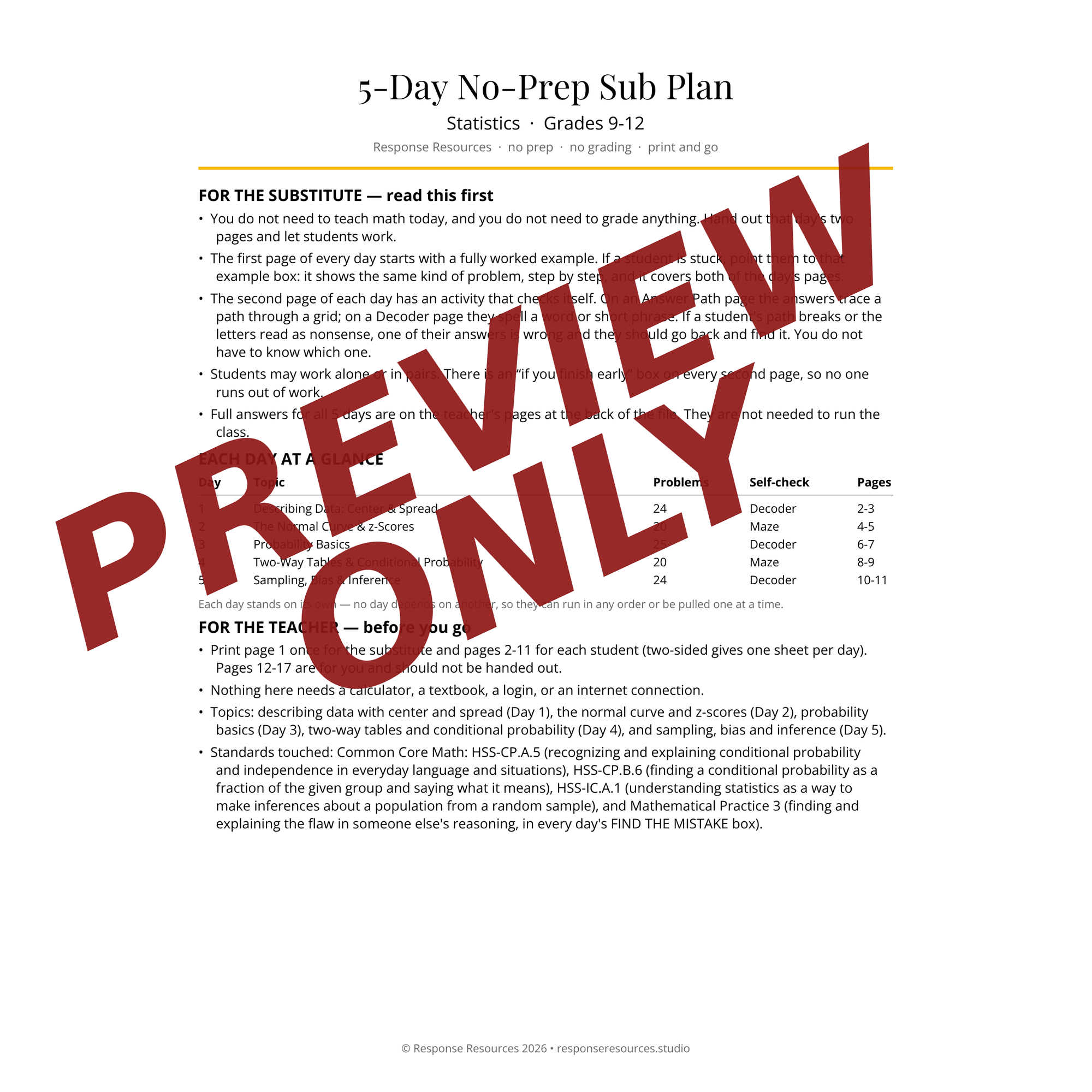 Preview page from the High School Math emergency sub plan bundle