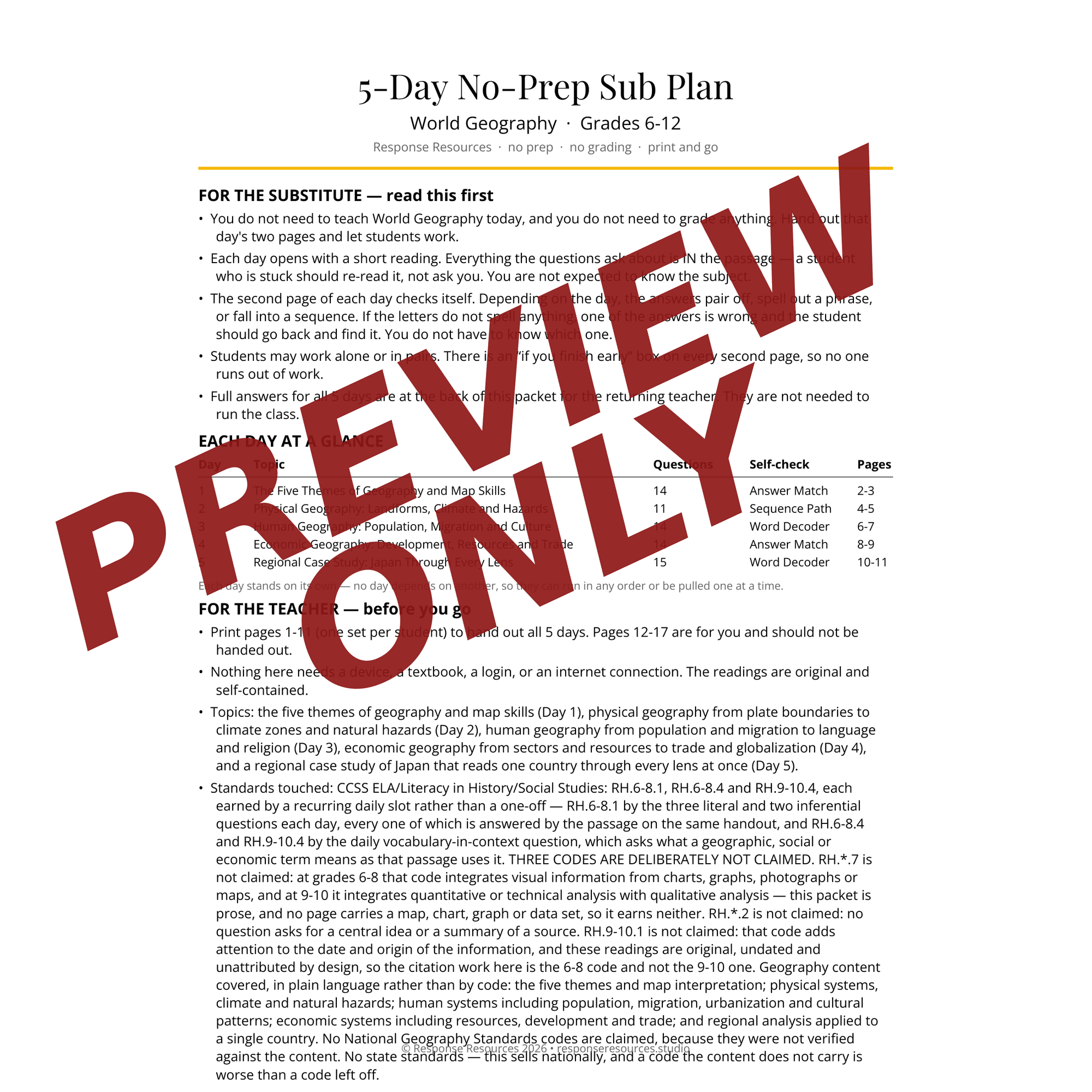 Preview of the World Geography sub plan — Sub & Teacher Notes page