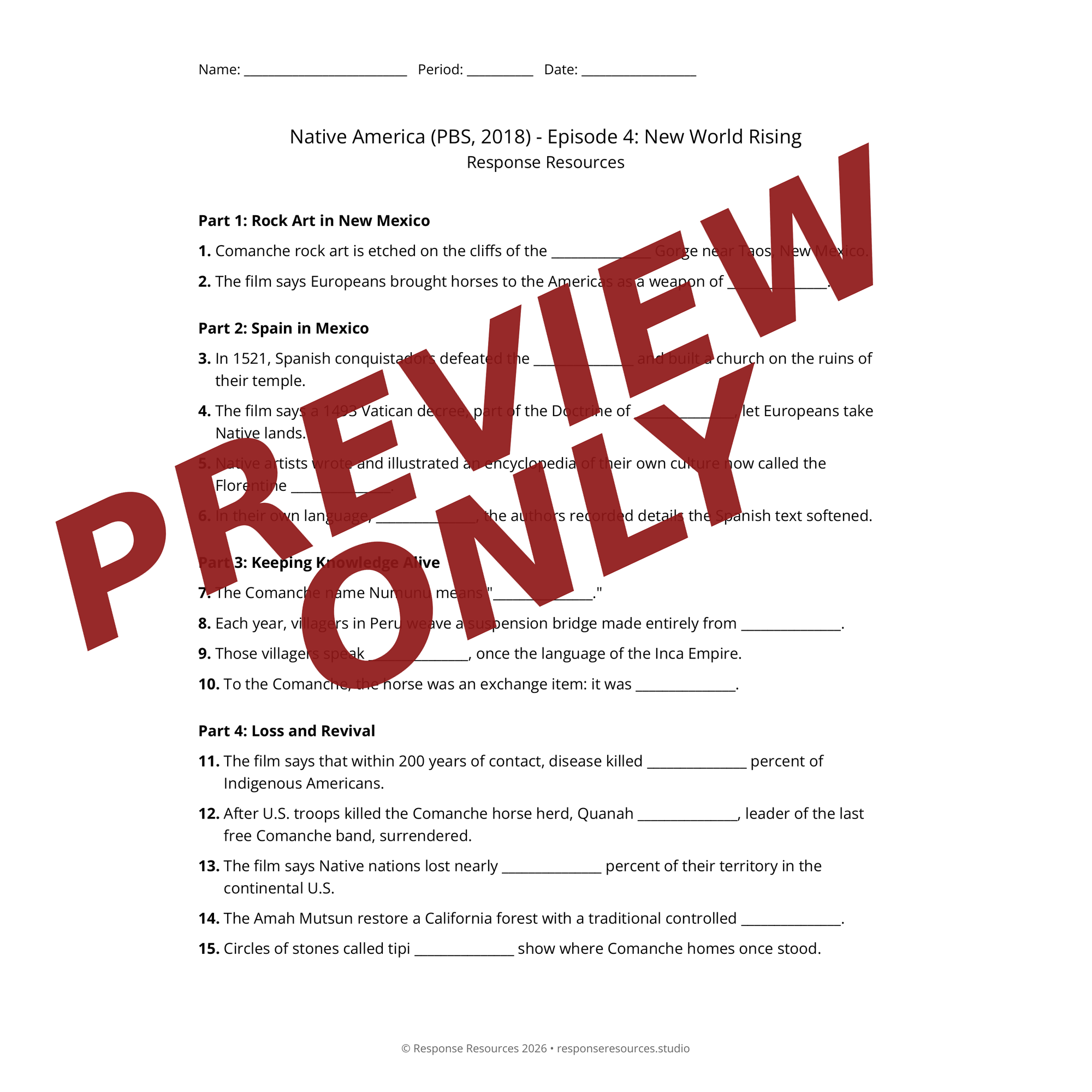 Preview of Native America (PBS, 2018) - Episode 4: New World Rising worksheet — fill-in-the-blank documentary worksheet for US History