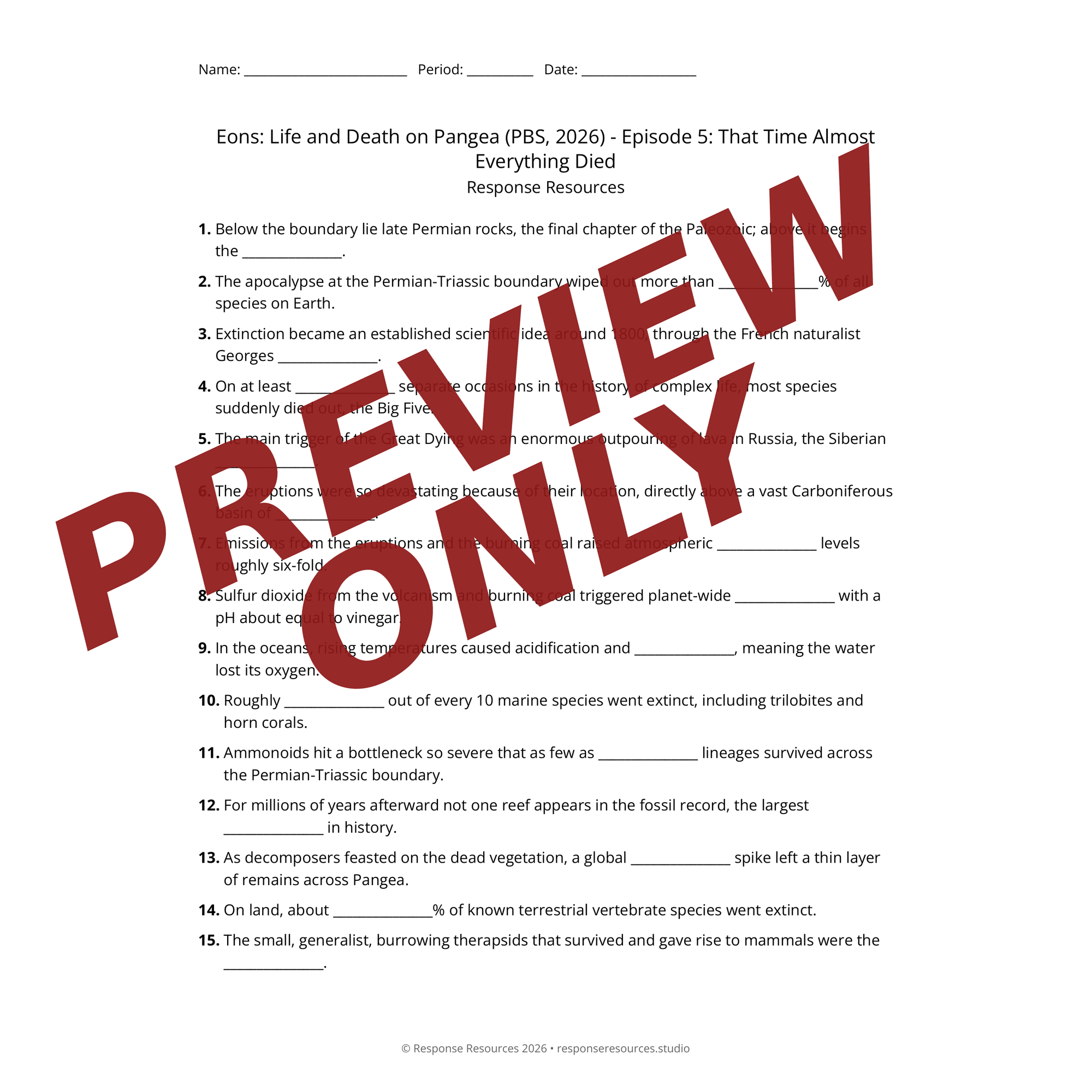 Preview of Eons: Life and Death on Pangea (PBS, 2026) - Episode 5: That Time Almost Everything Died worksheet — fill-in-the-blank documentary worksheet for Earth Science