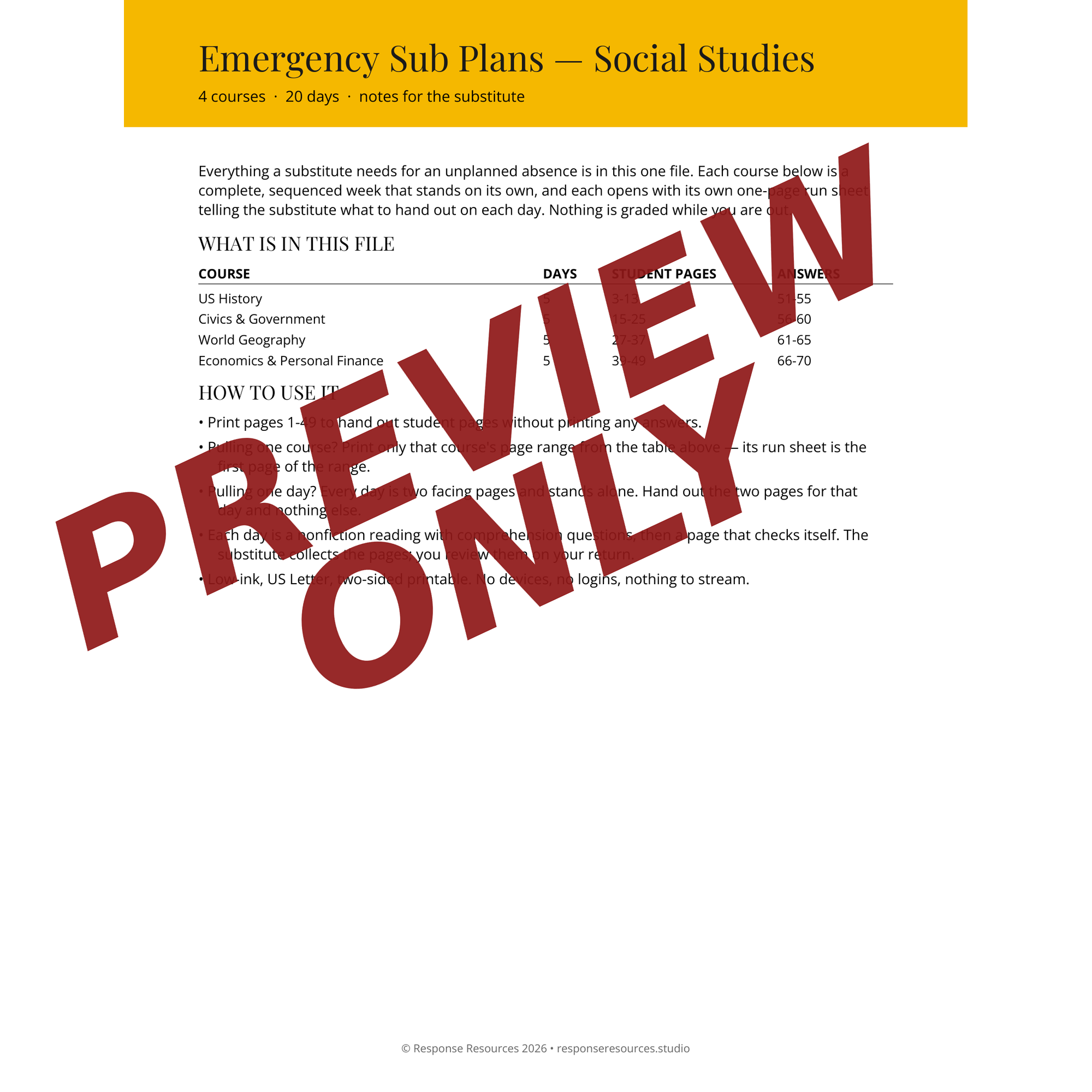 Preview page from the Social Studies emergency sub plan bundle