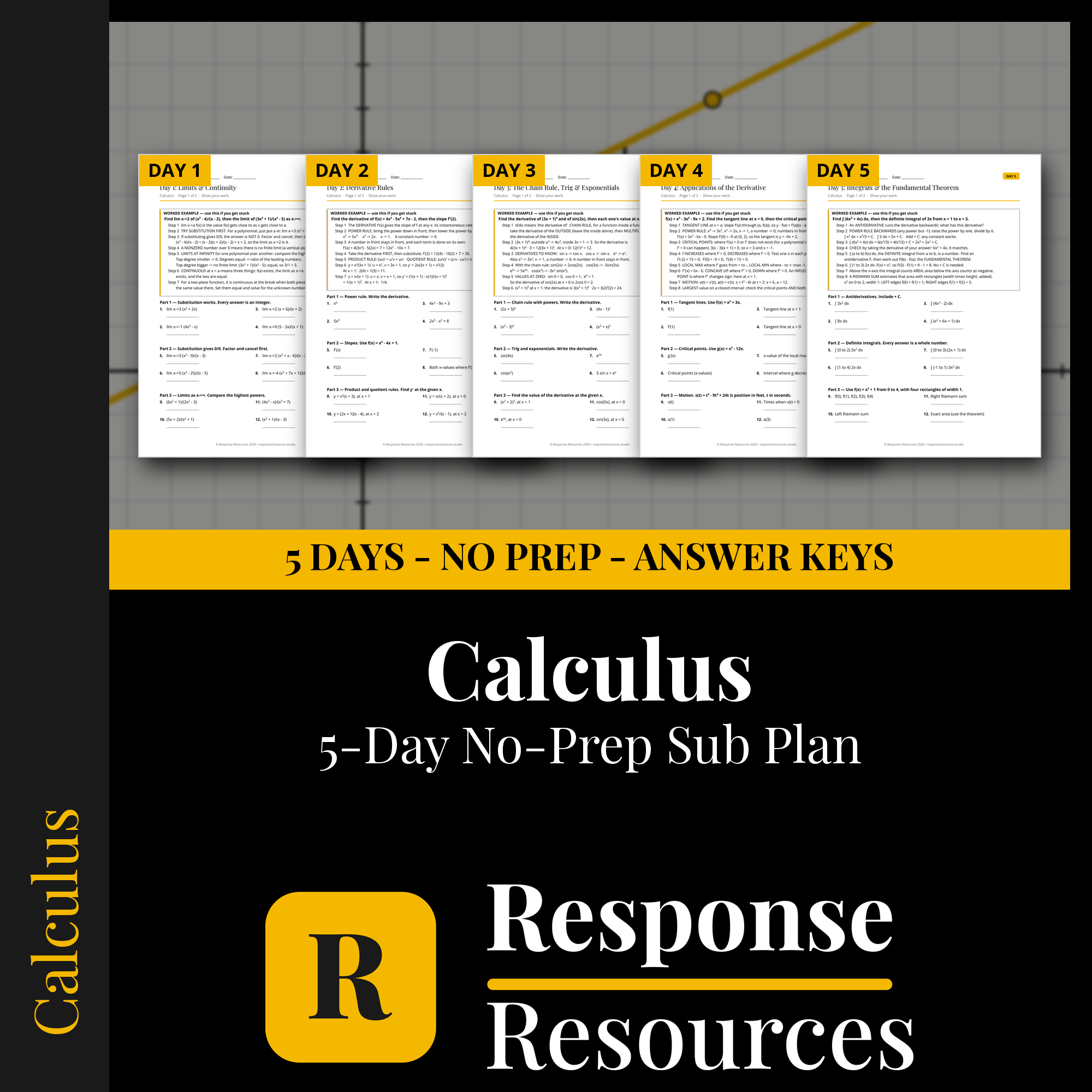 Response Resources 5-day no-prep Calculus substitute plan cover