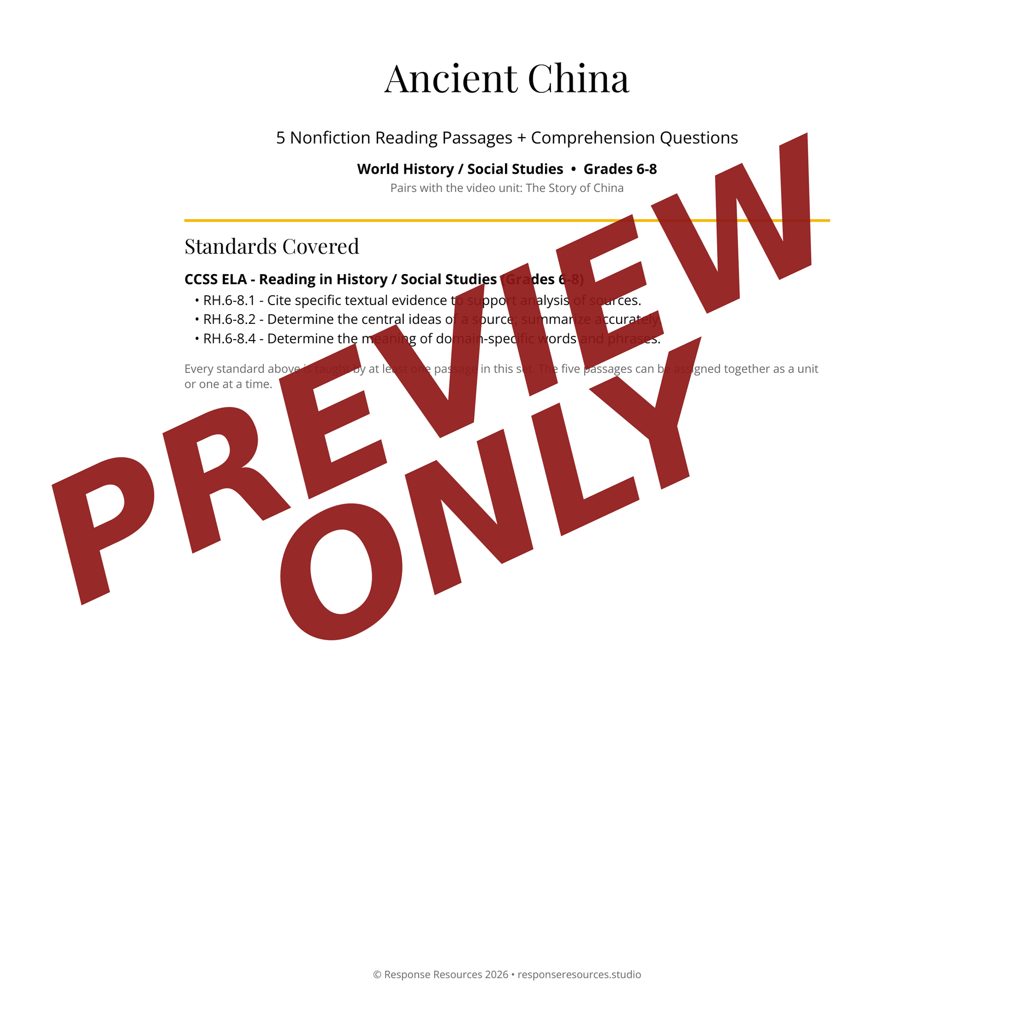 Preview page of Ancient China reading passages