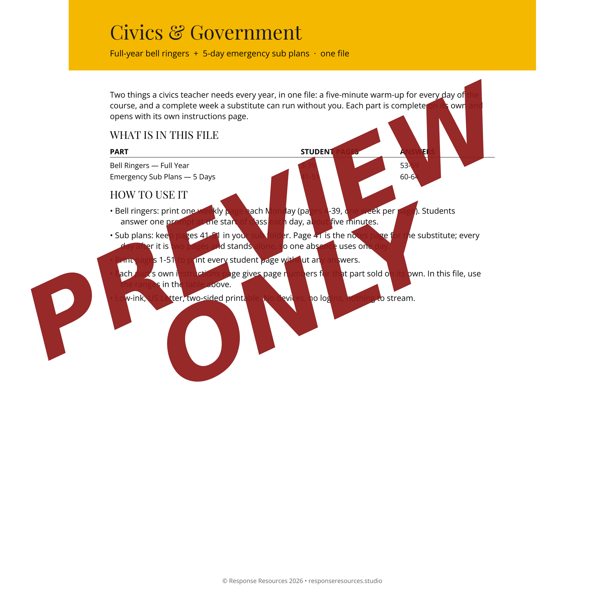 Preview page from the civics bell ringers + sub plans bundle