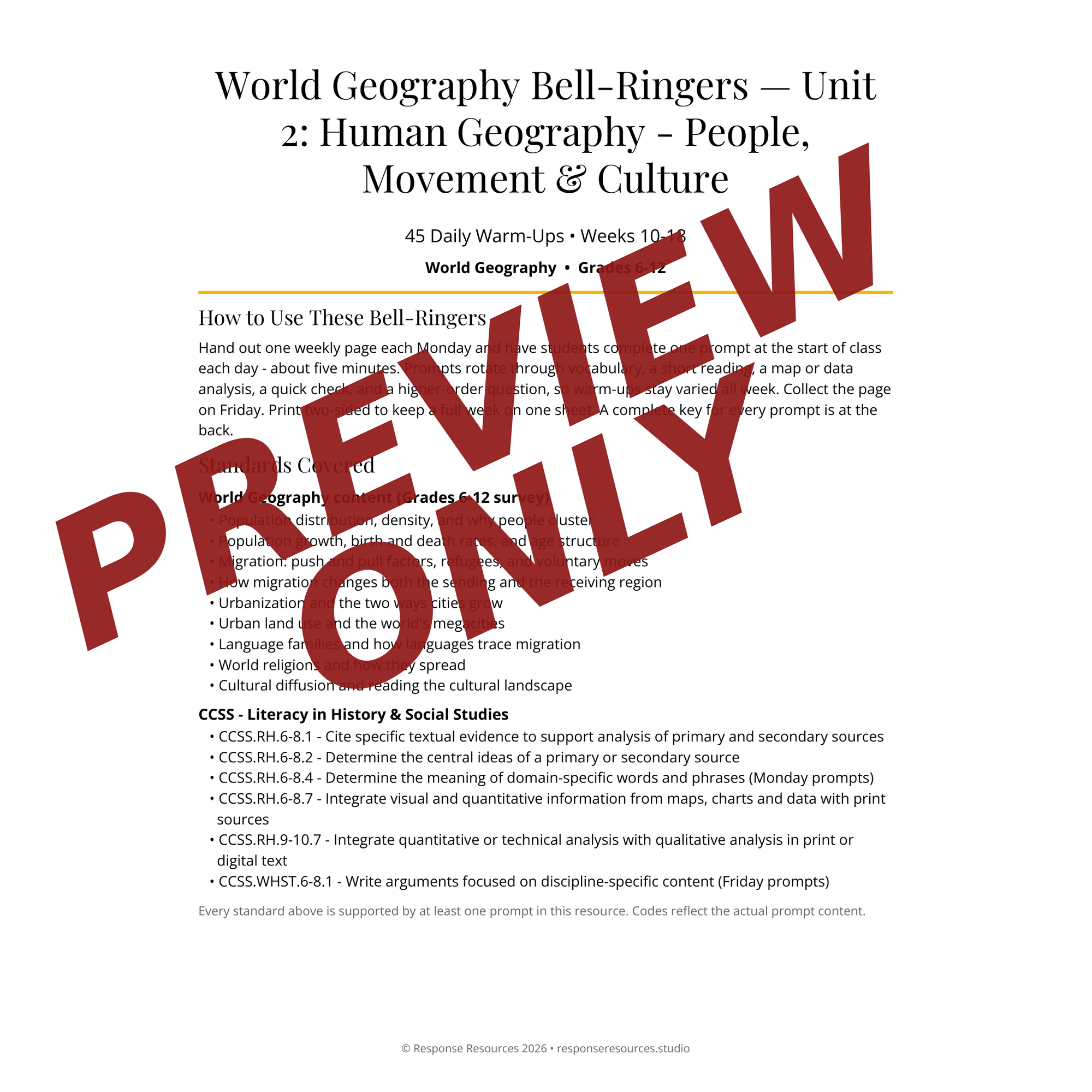 Preview page of World Geography Bell-Ringers — Unit 2: Human Geography - People, Movement & Culture