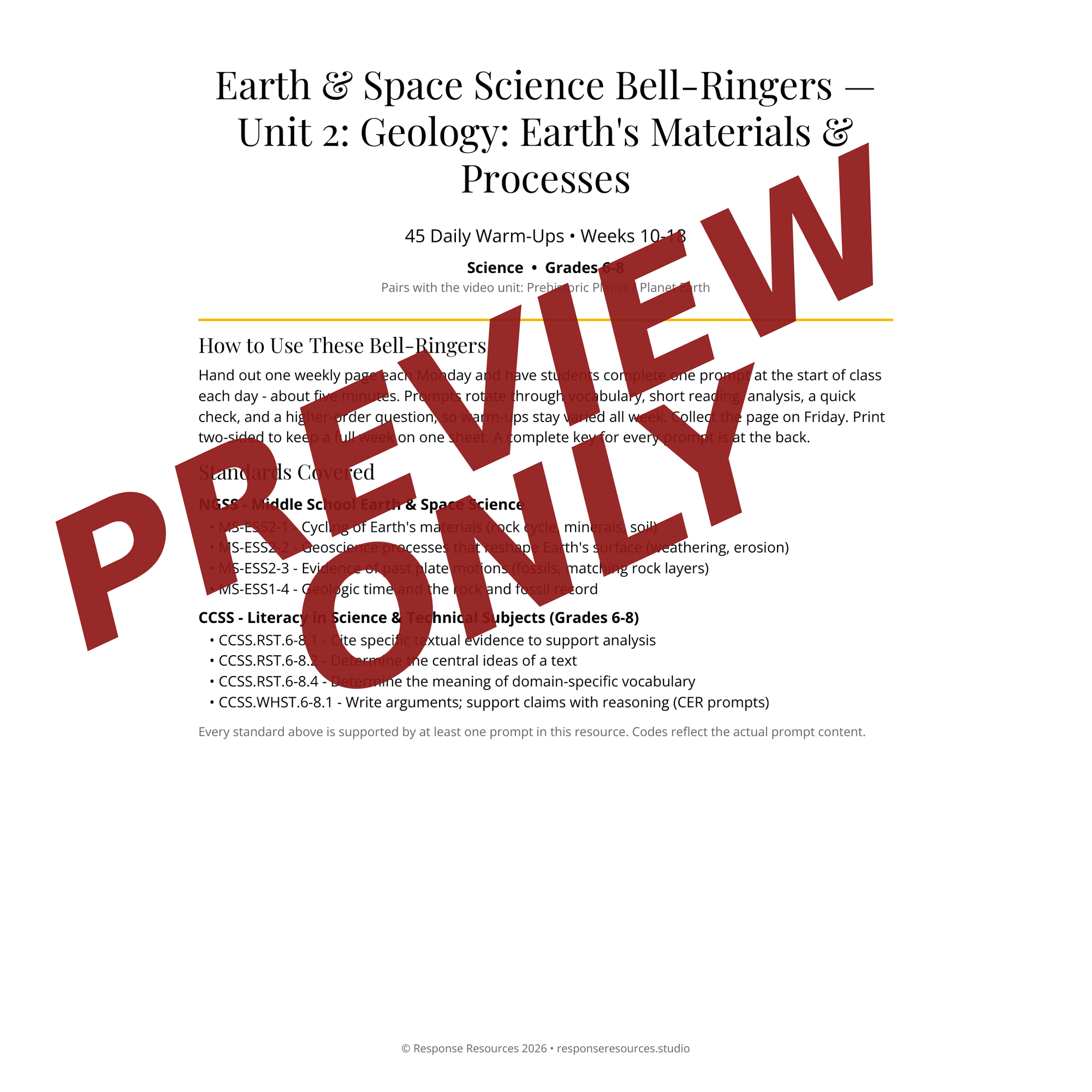 Preview page of Earth & Space Science Bell-Ringers — Unit 2: Geology: Earth's Materials & Processes