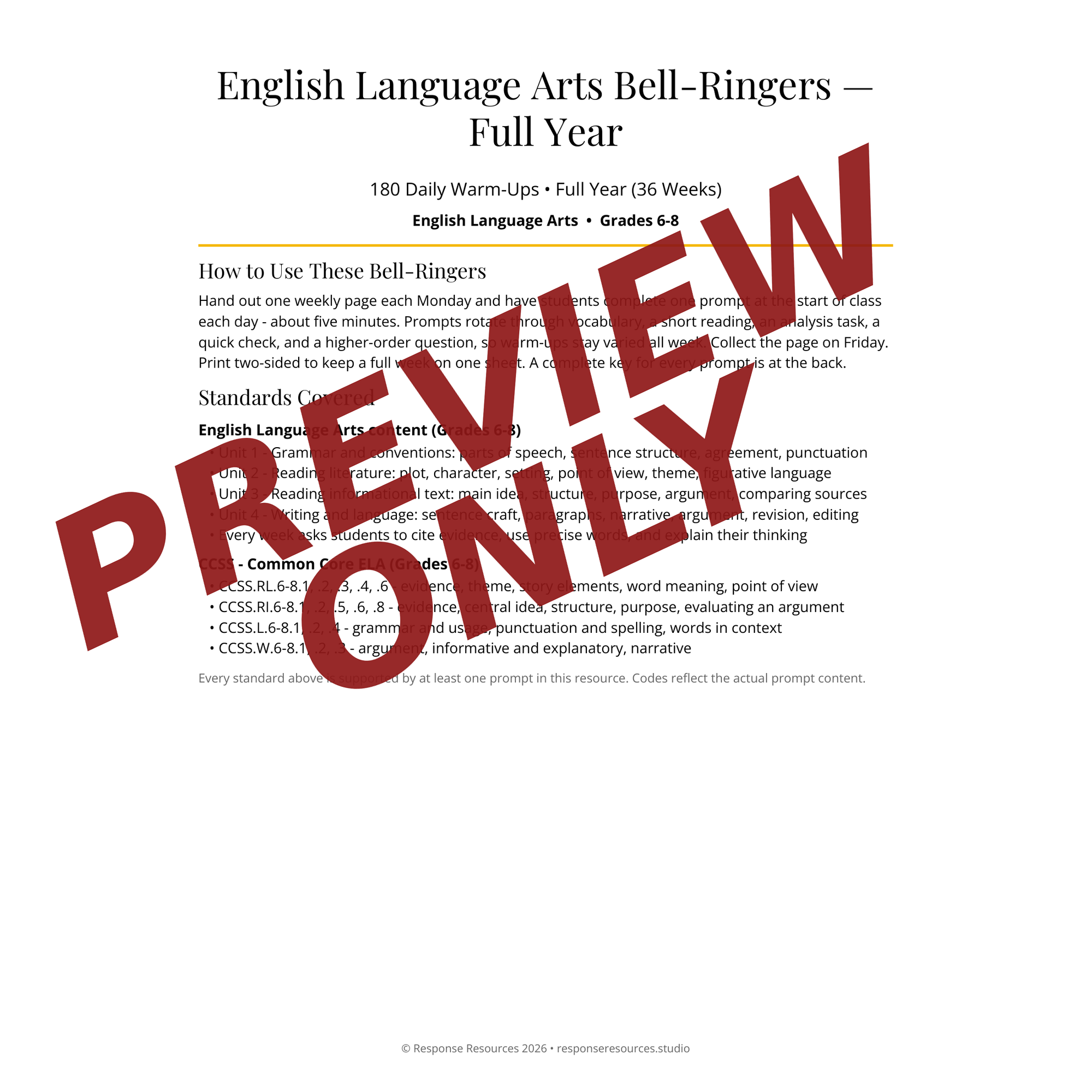 Preview page of English Language Arts Bell-Ringers — Full Year