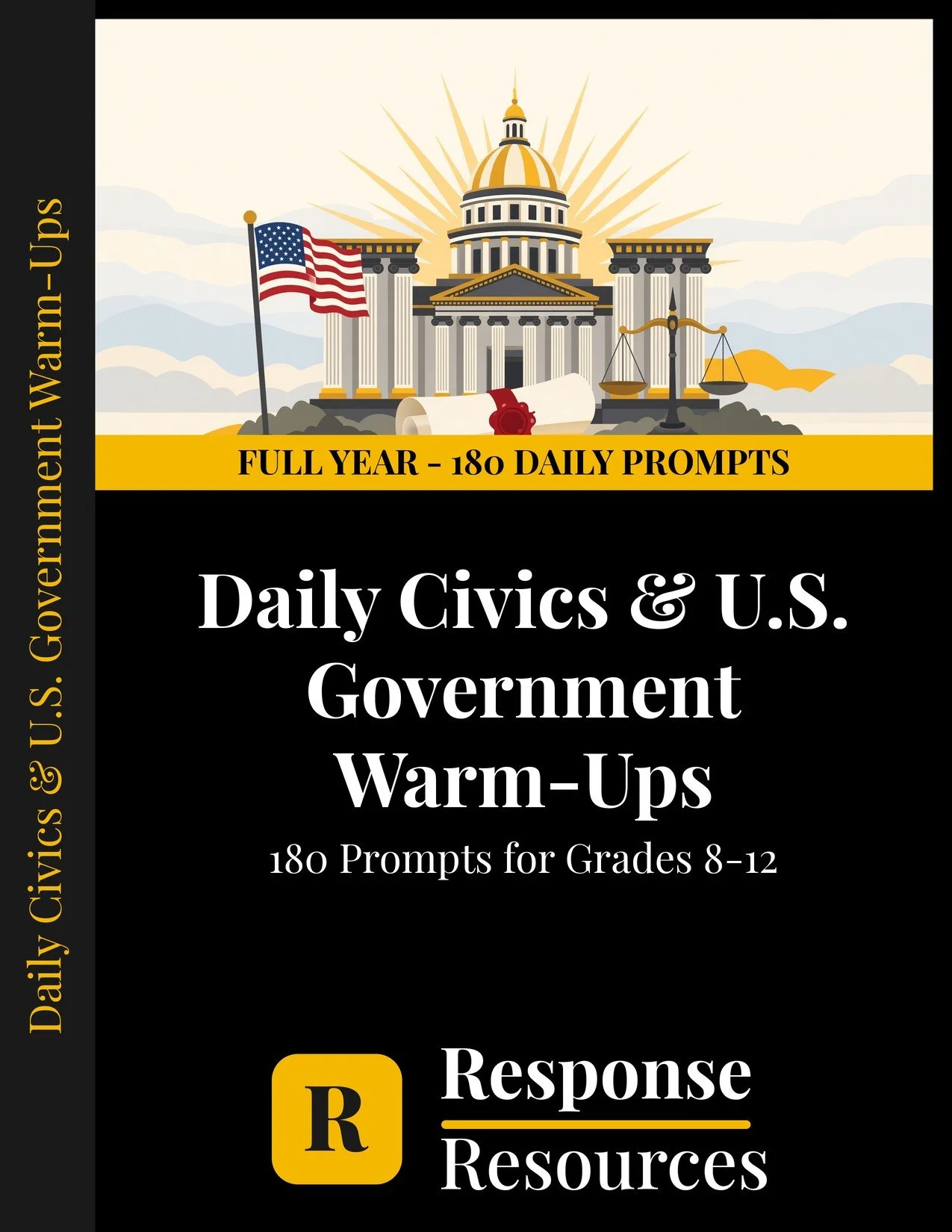 Cover of Daily Civics & U.S. Government Warm-Ups, a printed paperback of 180 prompts for Grades 8-12