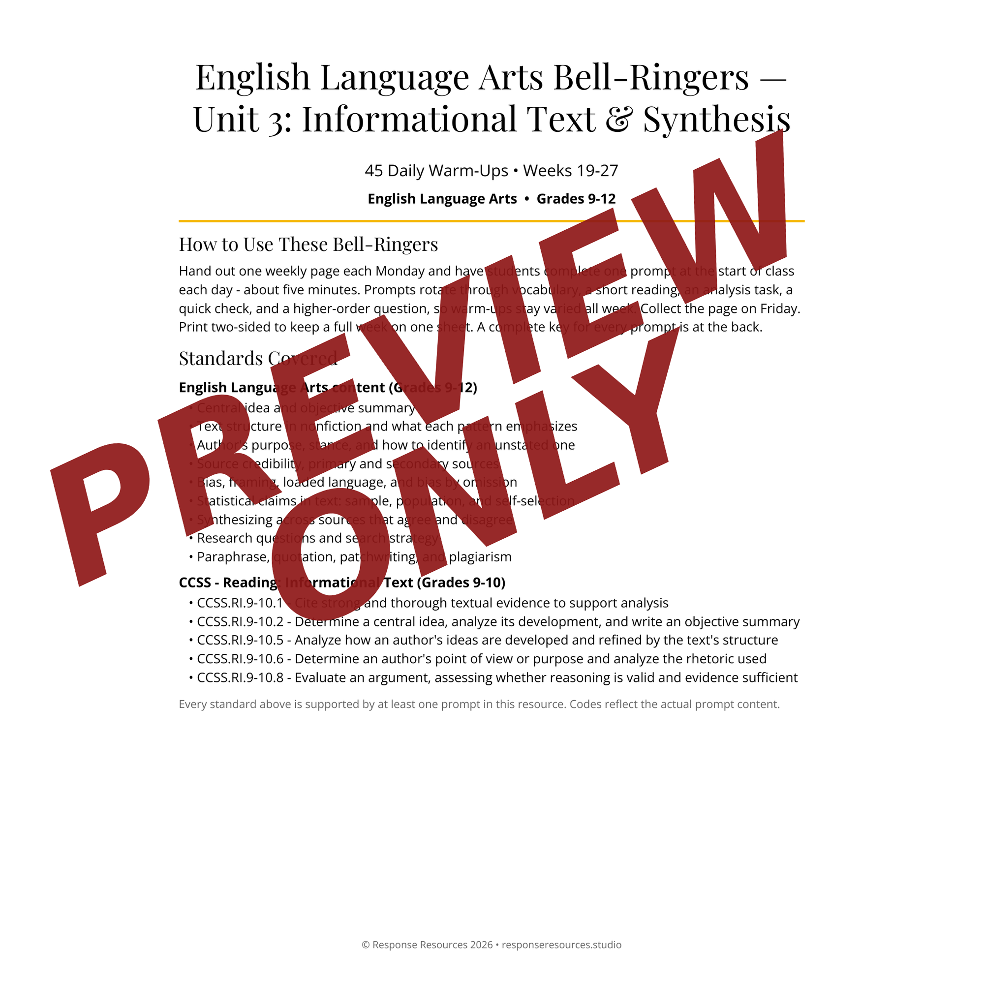 Preview page of English Language Arts Bell-Ringers — Unit 3: Informational Text & Synthesis