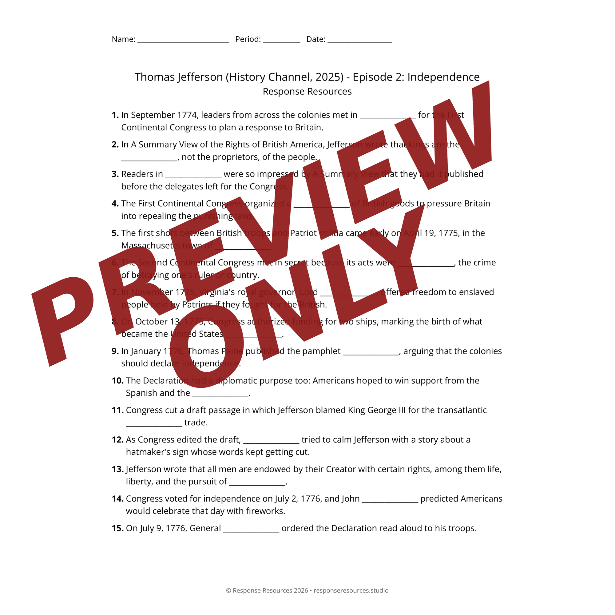 Preview of Thomas Jefferson (History Channel, 2025) - Episode 2: Independence worksheet — fill-in-the-blank documentary worksheet for US History