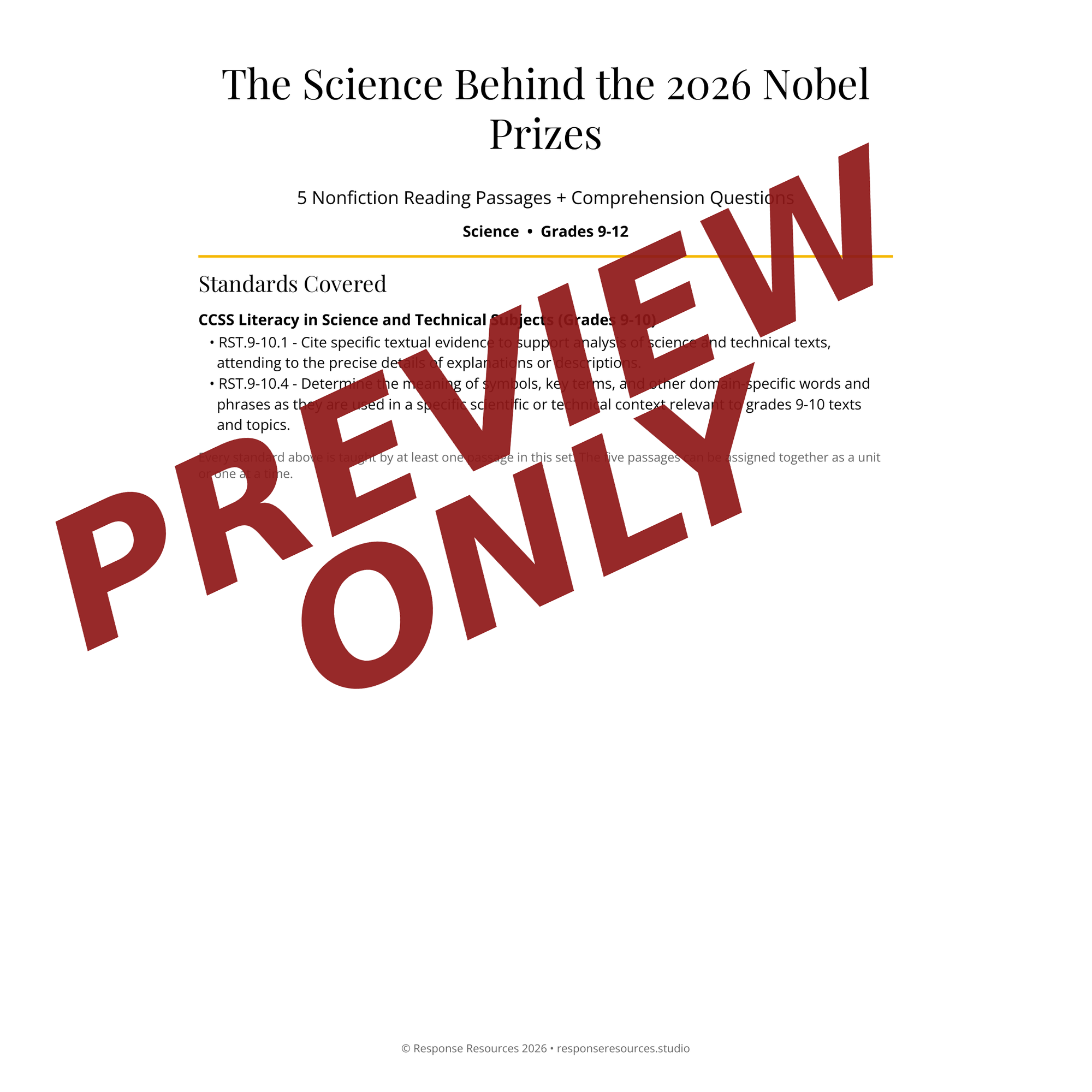 Preview page of The Science Behind the 2026 Nobel Prizes reading passages