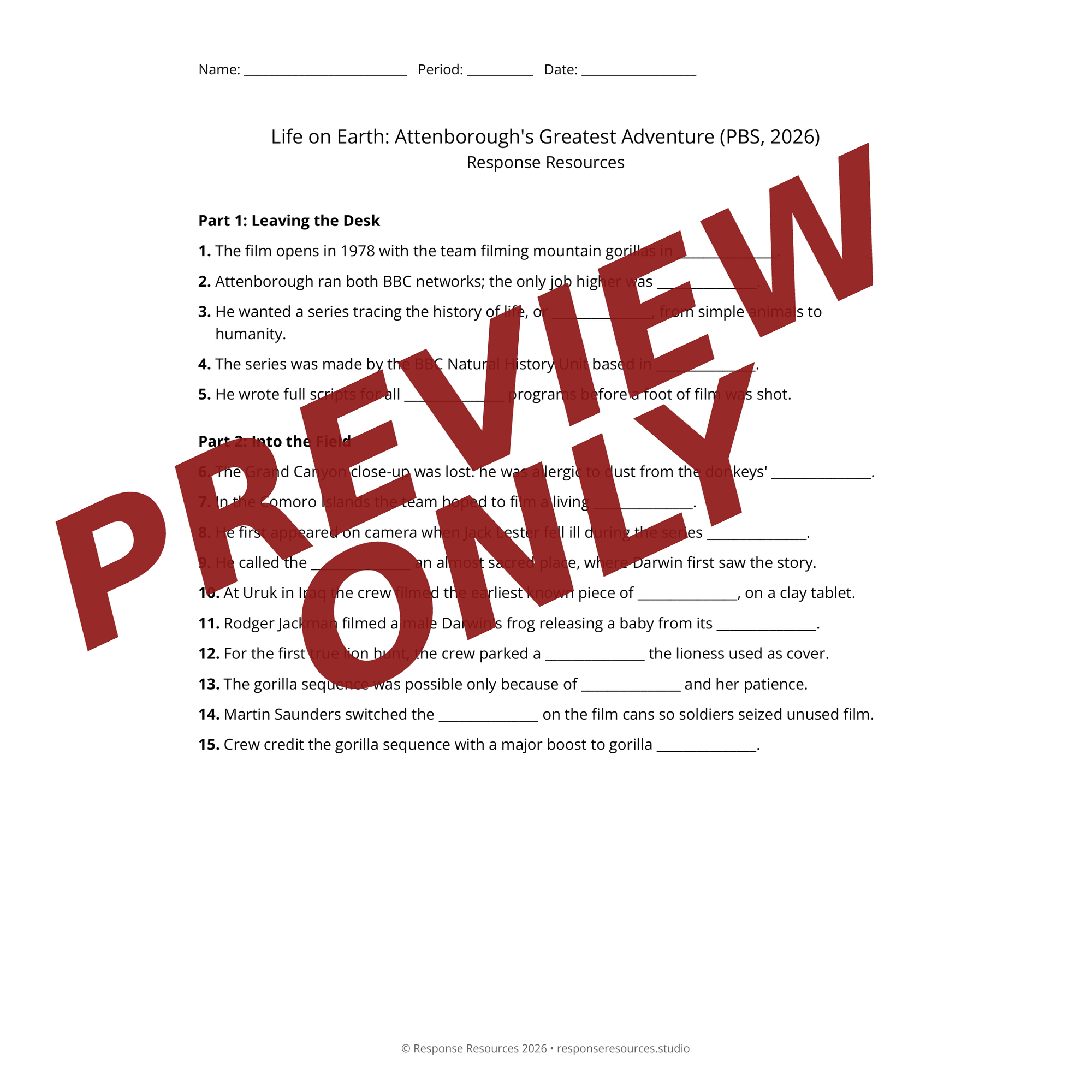 Preview of Life on Earth: Attenborough's Greatest Adventure (PBS, 2026) worksheet — fill-in-the-blank documentary worksheet for Biology