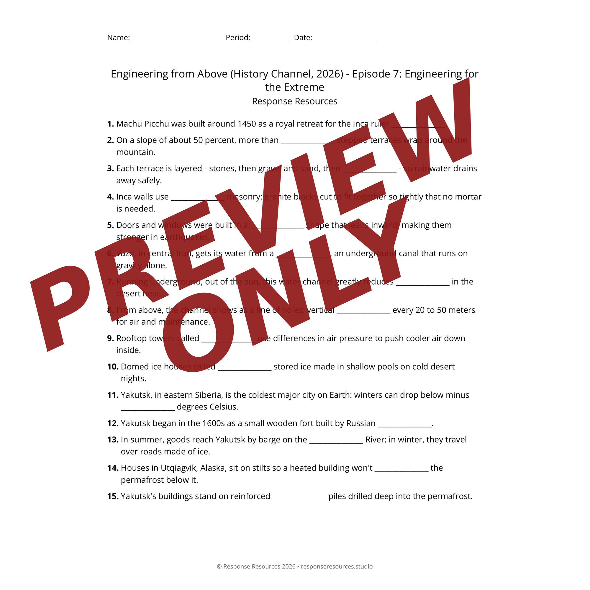 Preview of Engineering from Above (History Channel, 2026) - Episode 7: Engineering for the Extreme worksheet — fill-in-the-blank documentary worksheet for World History