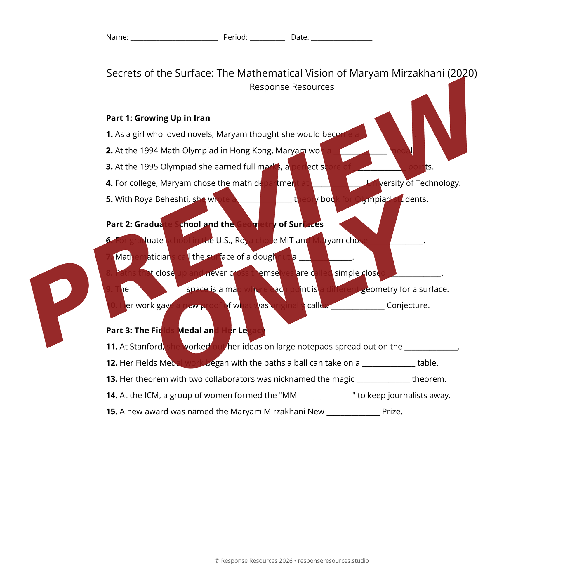 Preview of Secrets of the Surface: The Mathematical Vision of Maryam Mirzakhani (2020) worksheet — fill-in-the-blank documentary worksheet for Math