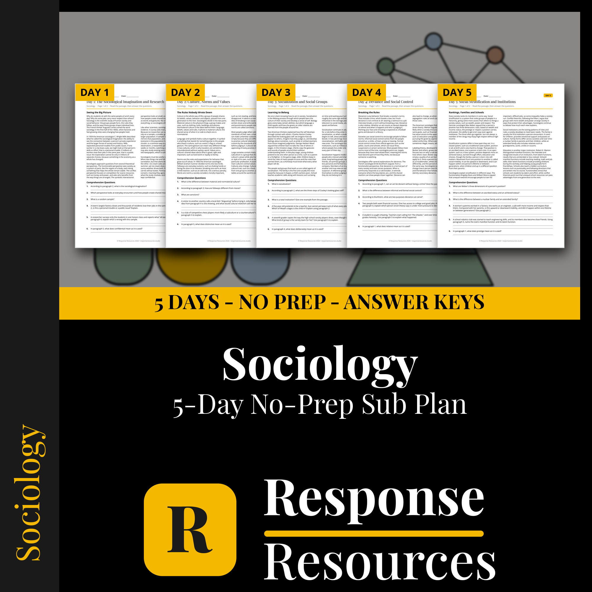 Response Resources 5-day no-prep Sociology substitute plan cover