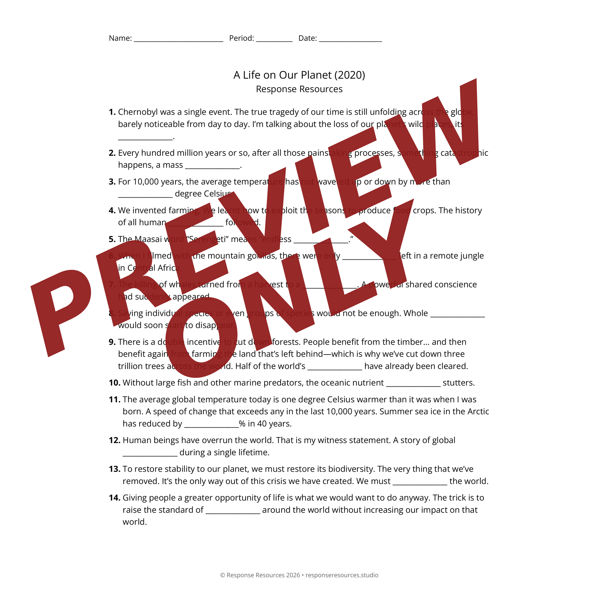 Preview page from the A Life on Our Planet worksheet — fill-in-the-blank questions for environmental and Earth science