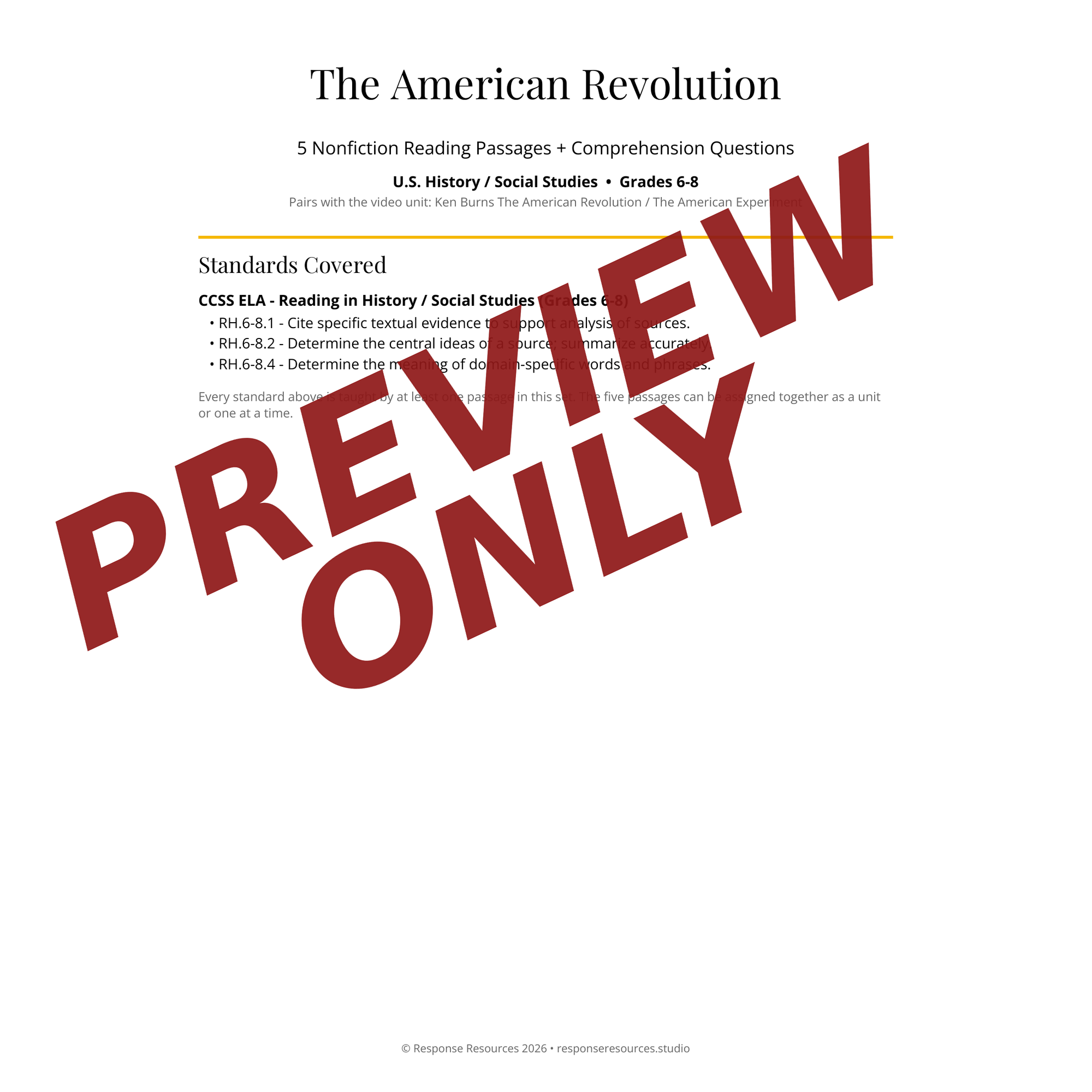Preview page of The American Revolution reading passages