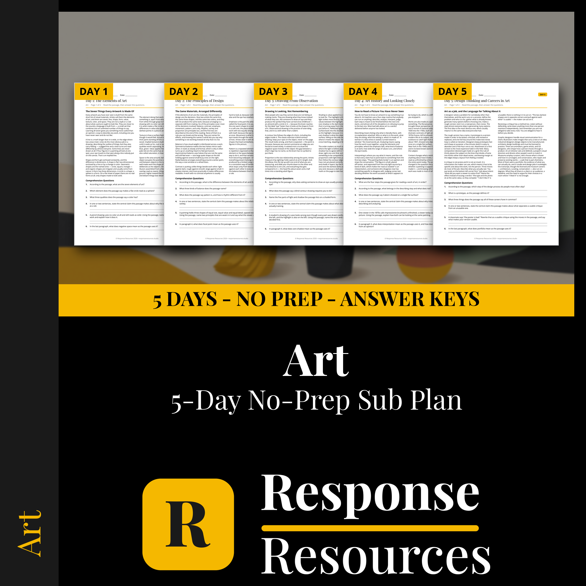 Response Resources 5-day no-prep Visual Arts substitute plan cover