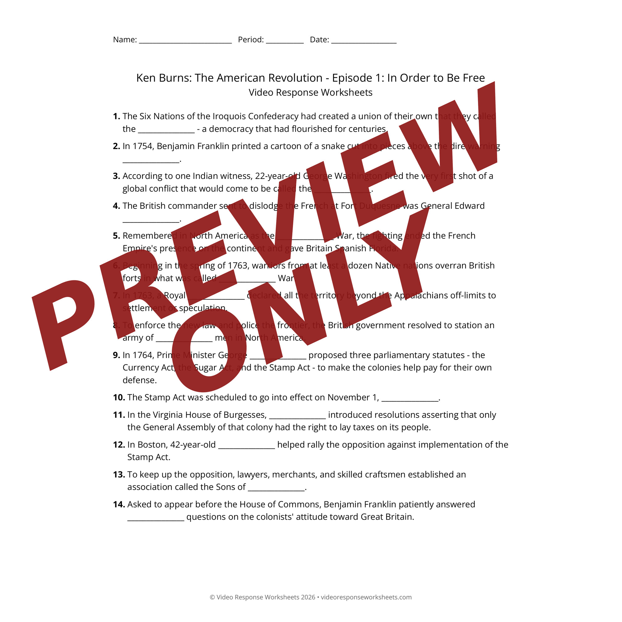 Preview page from Ken Burns: The American Revolution — fill-in-the-blank documentary worksheet for US History