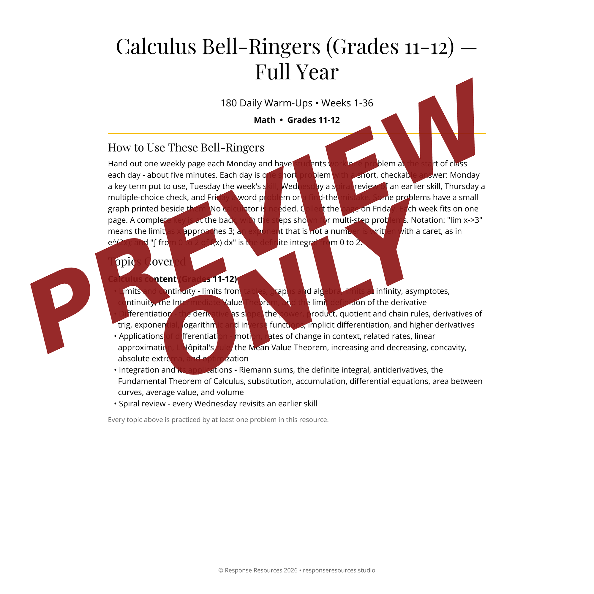 Preview page of Calculus Bell-Ringers (Grades 11-12) — Full Year