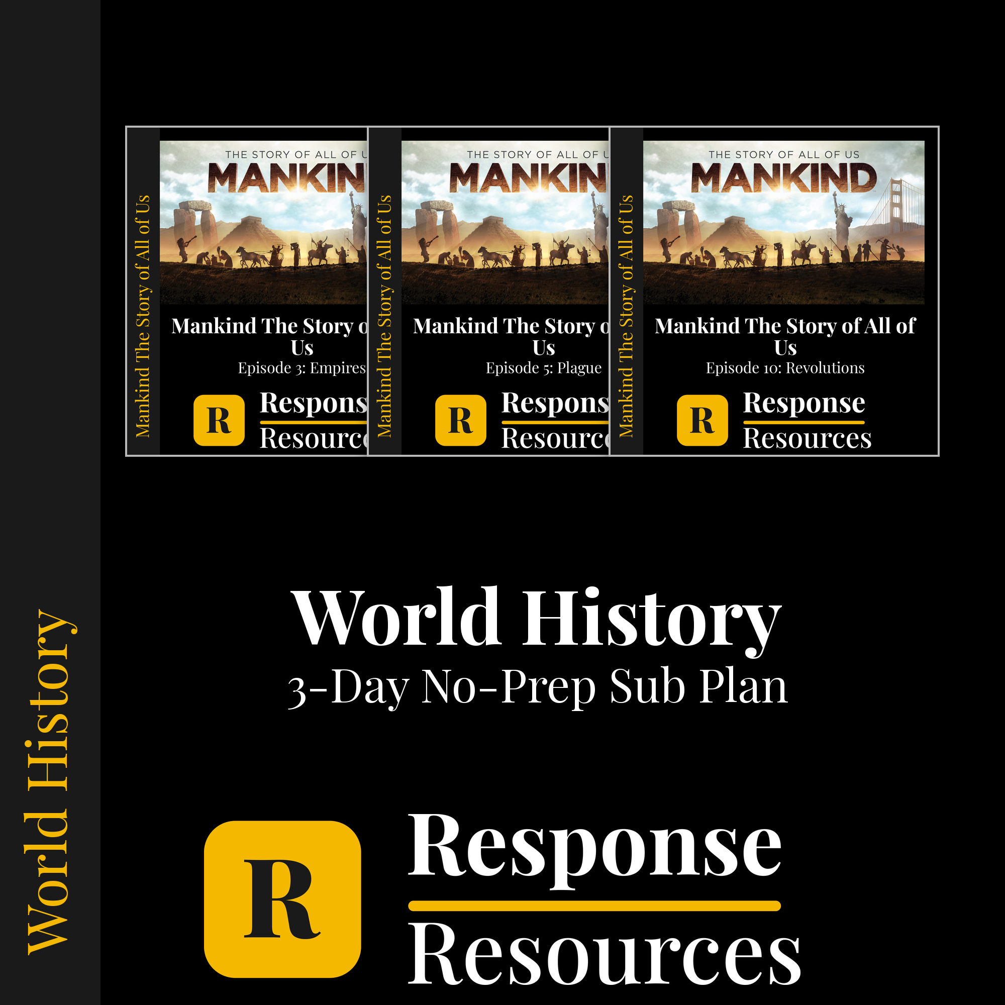 World History — 3-Day Sub Plan — no-prep documentary sub plan, grades 6-12
