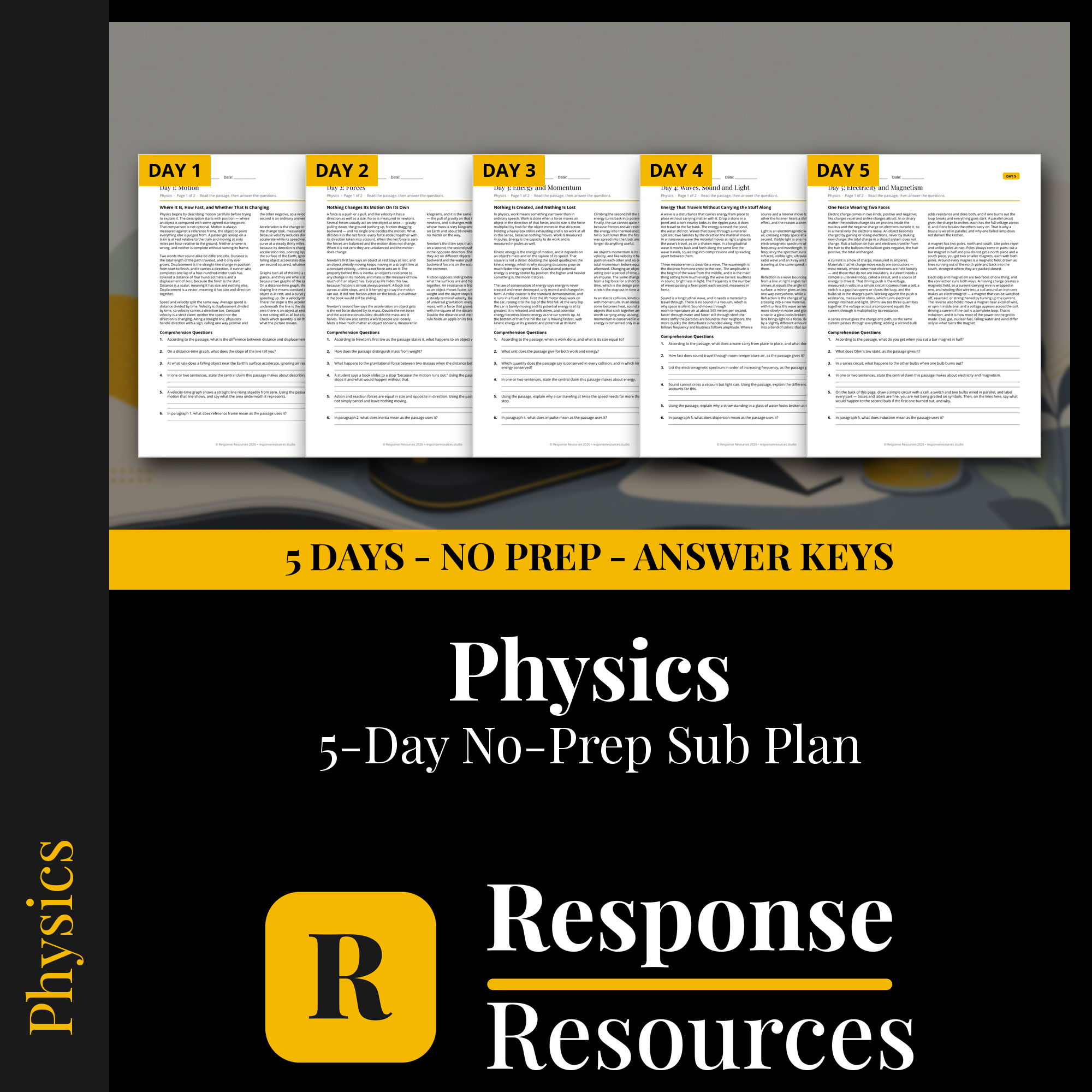 Response Resources 5-day no-prep Physics substitute plan cover