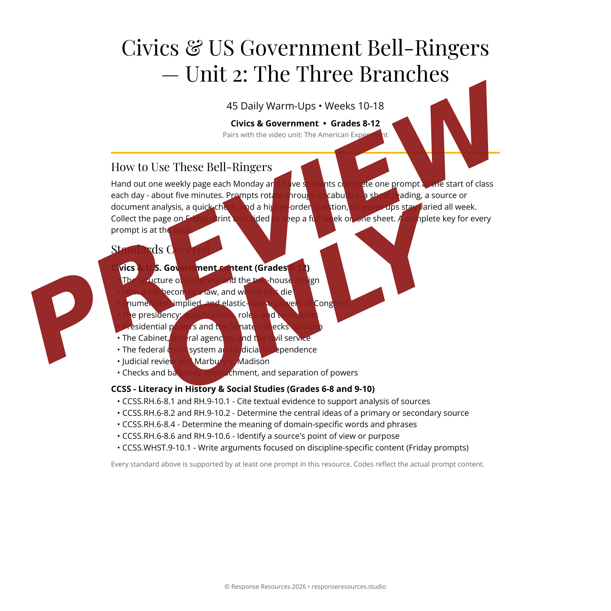 Preview page of Civics & US Government Bell-Ringers — Unit 2: The Three Branches
