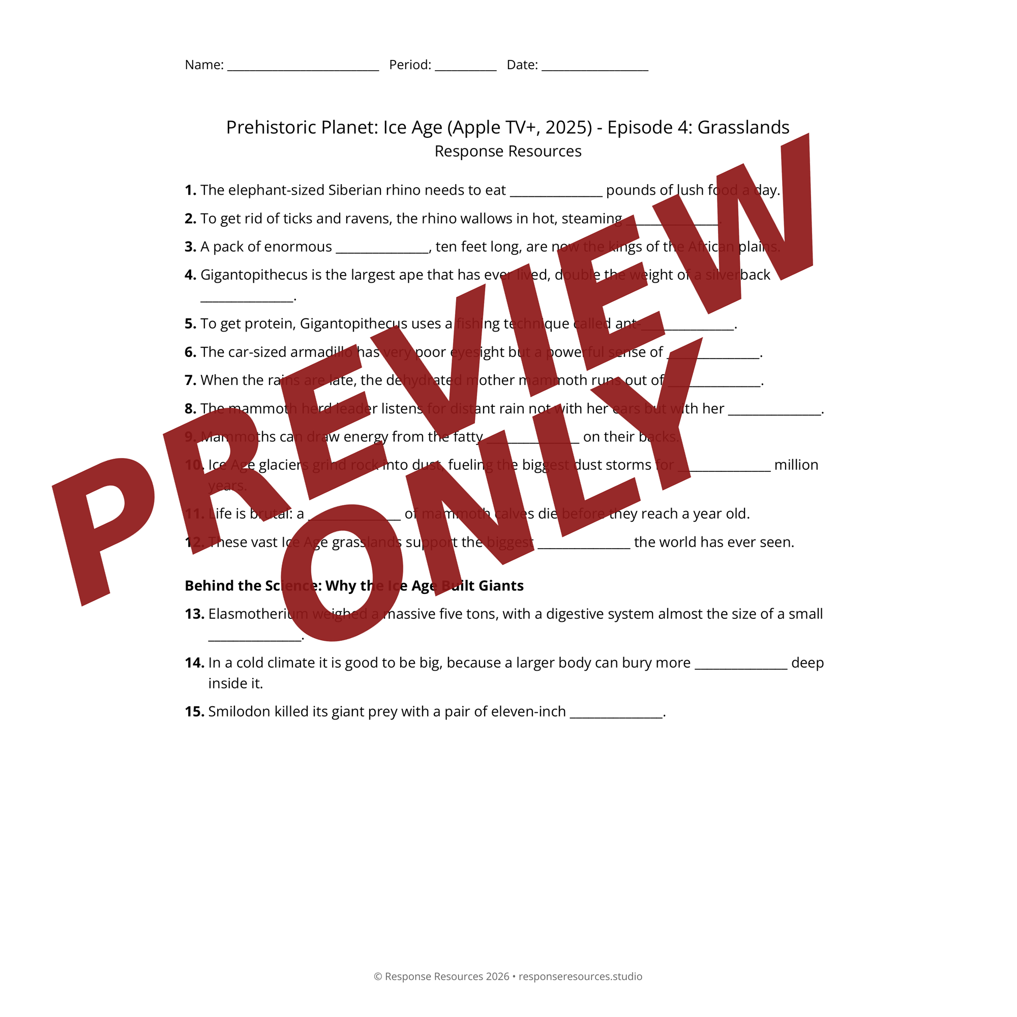 Preview of Prehistoric Planet: Ice Age (Apple TV+, 2025) - Episode 4: Grasslands worksheet — fill-in-the-blank documentary worksheet for Earth Science