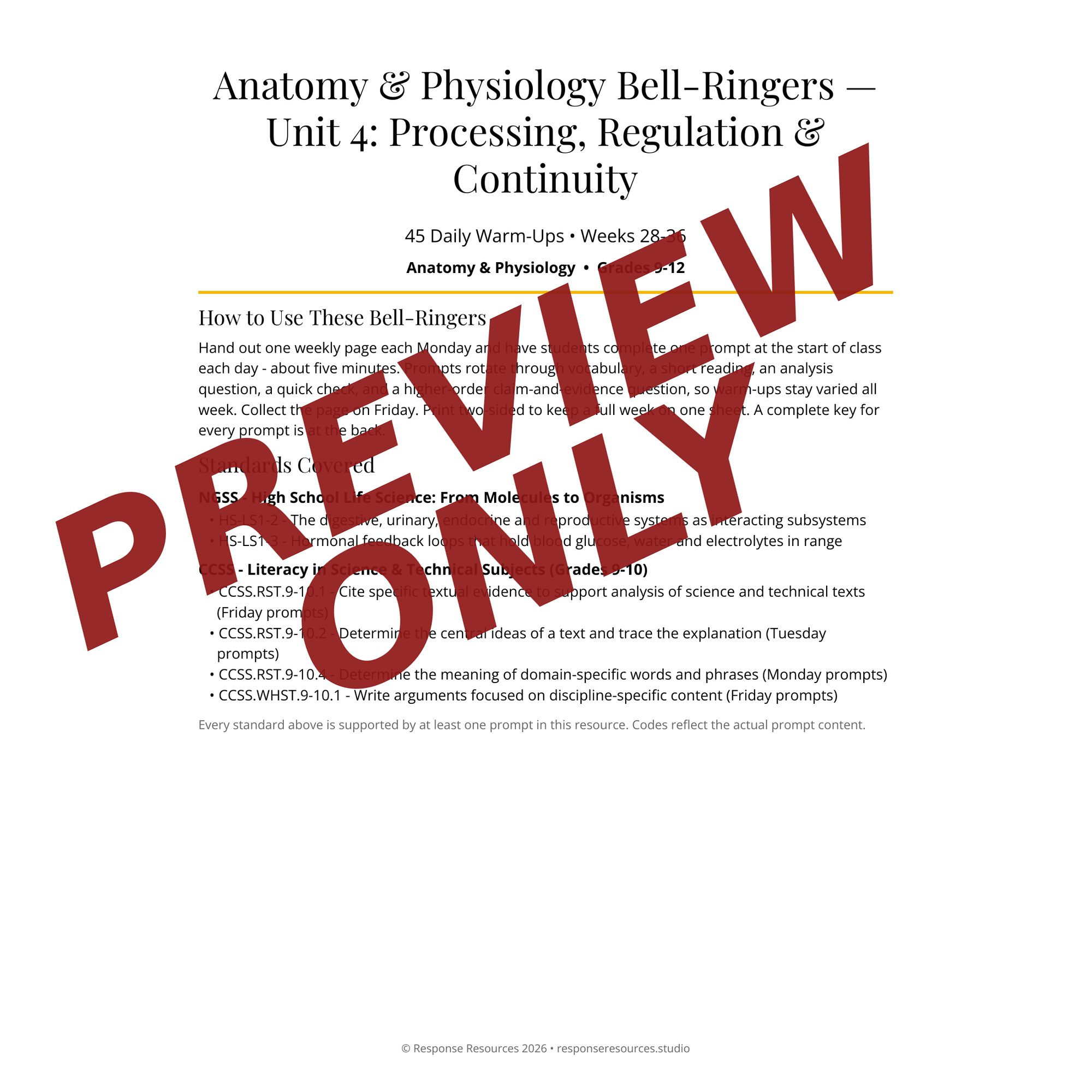 Preview page of Anatomy & Physiology Bell-Ringers — Unit 4: Processing, Regulation & Continuity