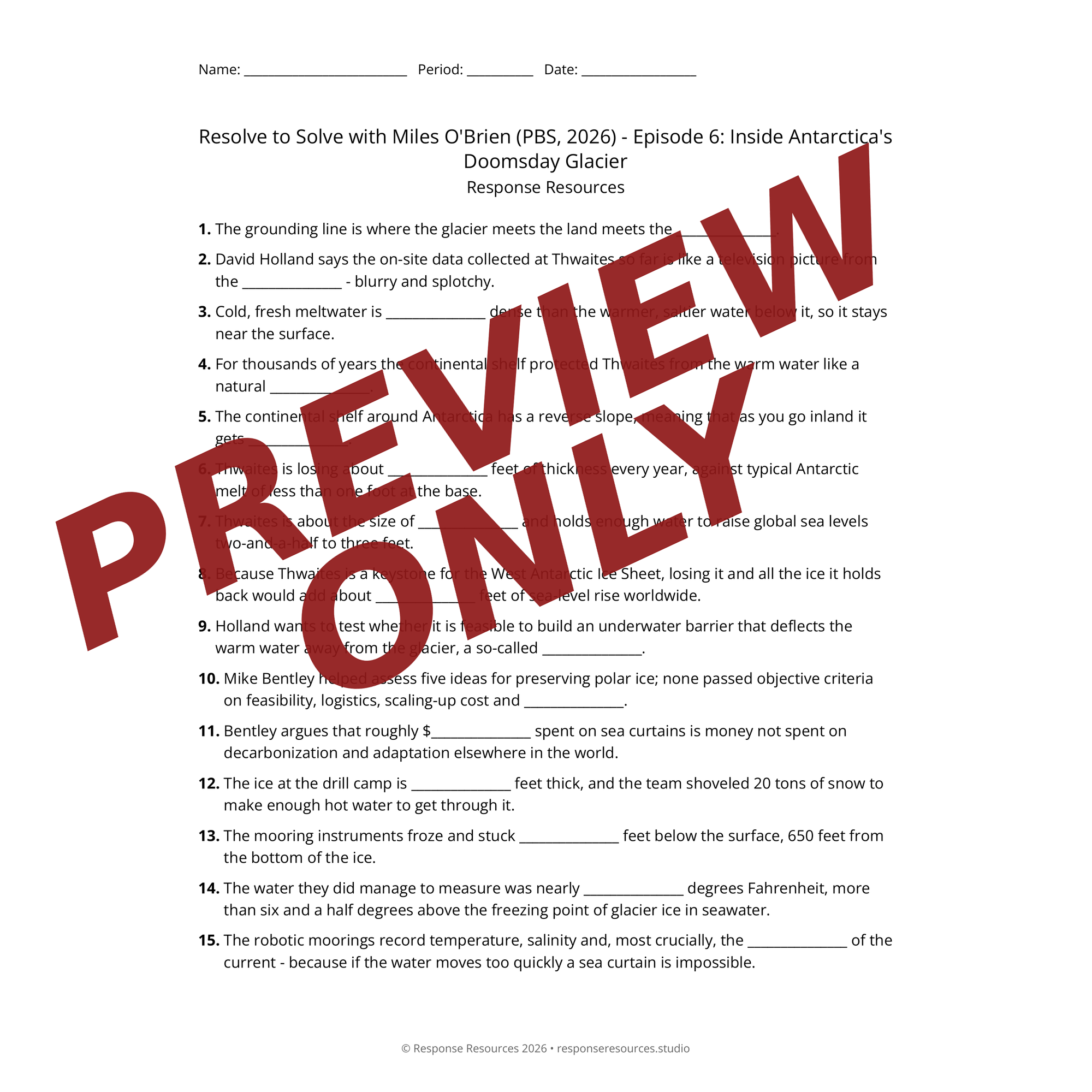 Preview of Resolve to Solve with Miles O'Brien (PBS, 2026) - Episode 6: Inside Antarctica's Doomsday Glacier worksheet — fill-in-the-blank documentary worksheet for Environmental Science