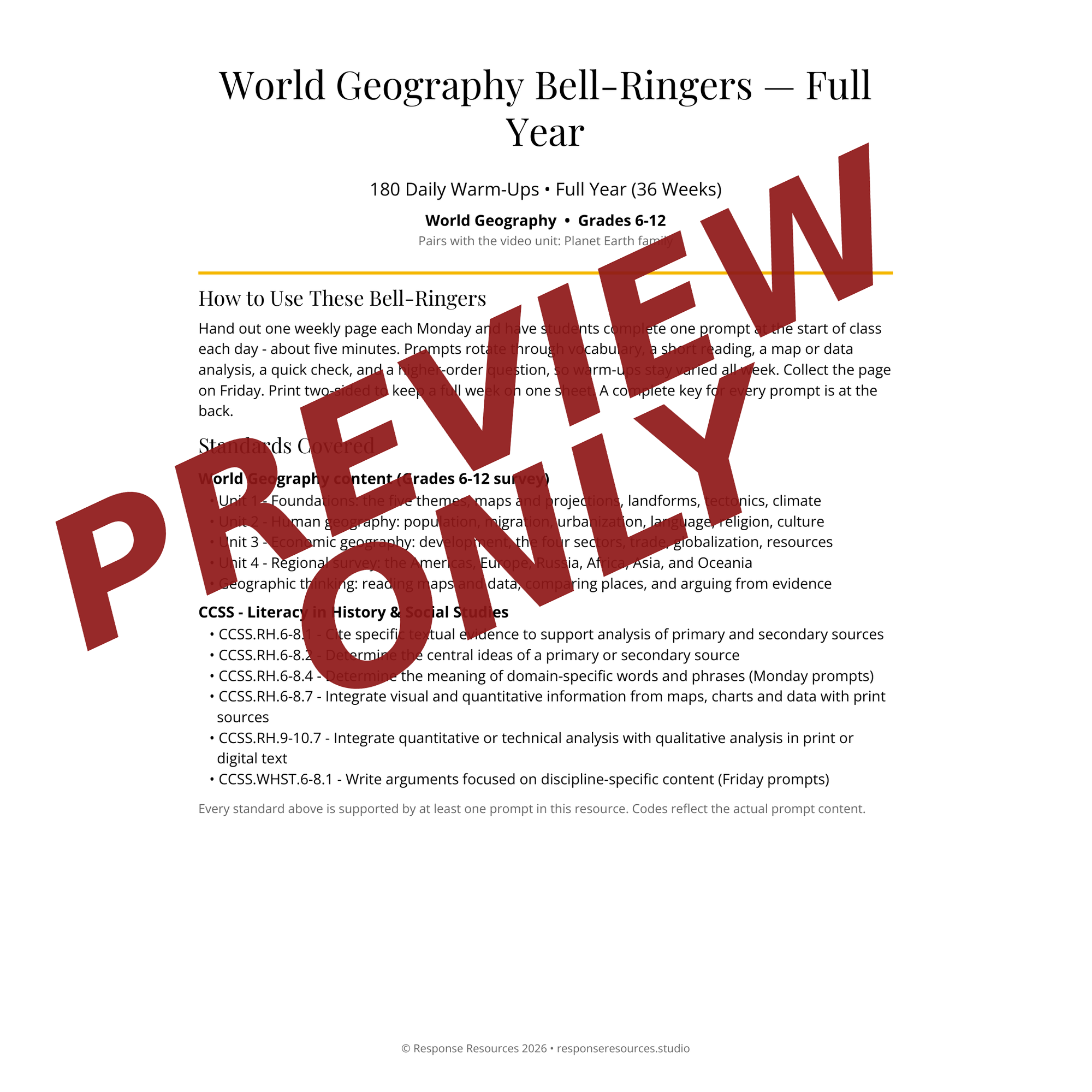 Preview page of World Geography Bell-Ringers — Full Year
