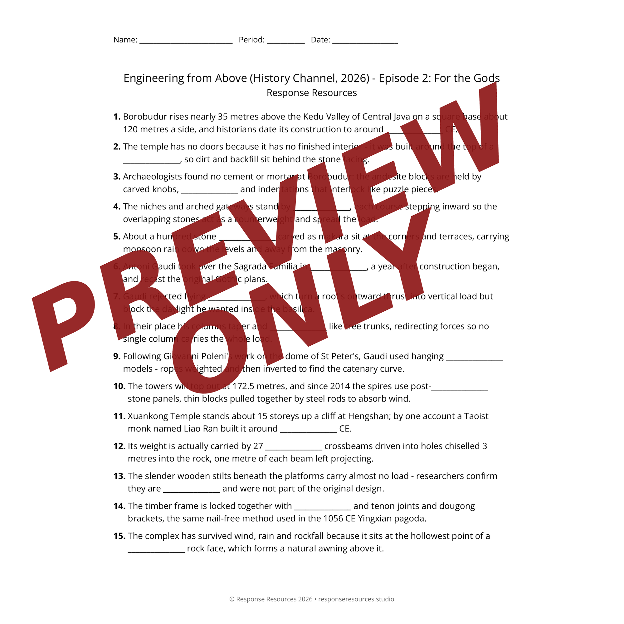 Preview of Engineering from Above (History Channel, 2026) - Episode 2: For the Gods worksheet — fill-in-the-blank documentary worksheet for World History