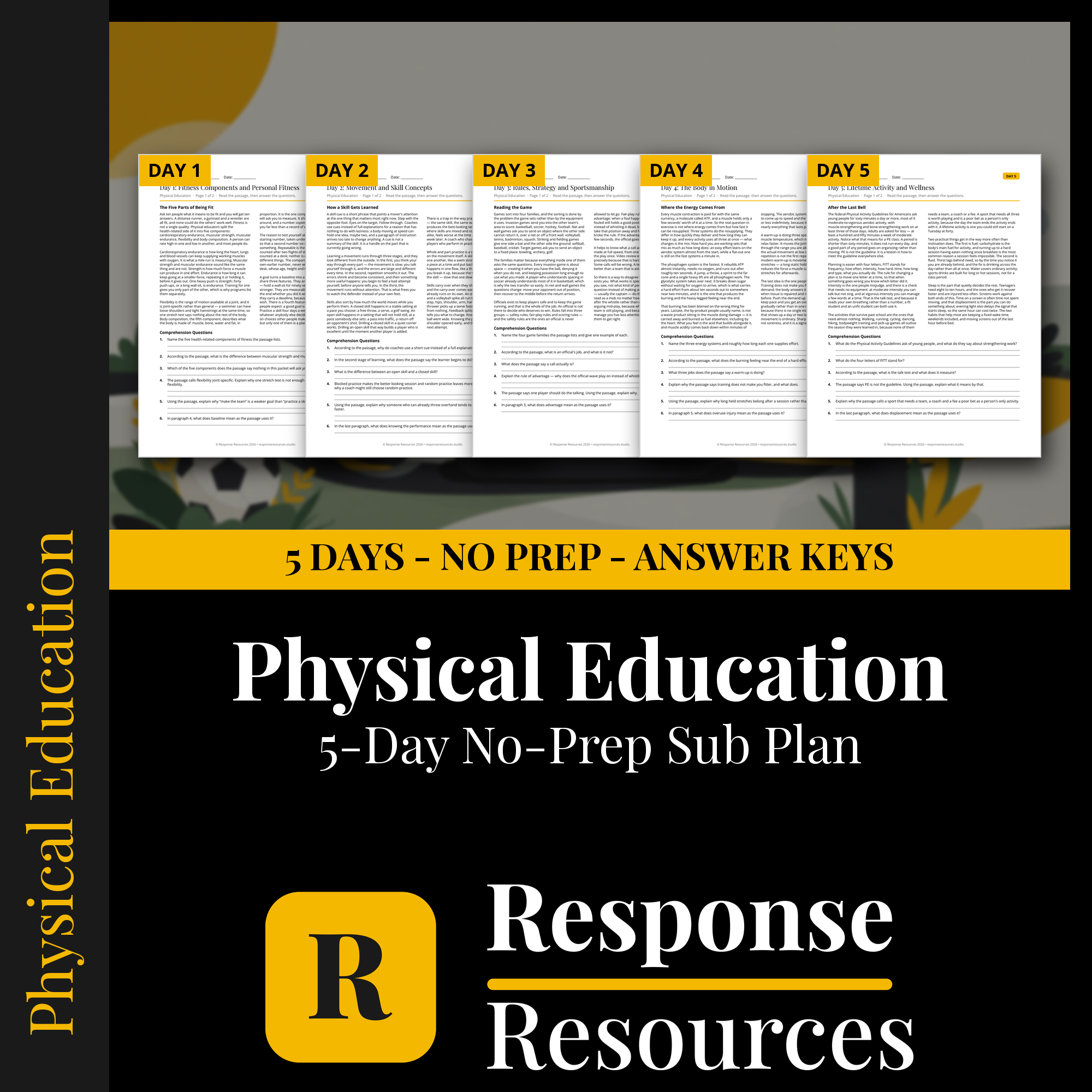 Response Resources 5-day no-prep Physical Education substitute plan cover