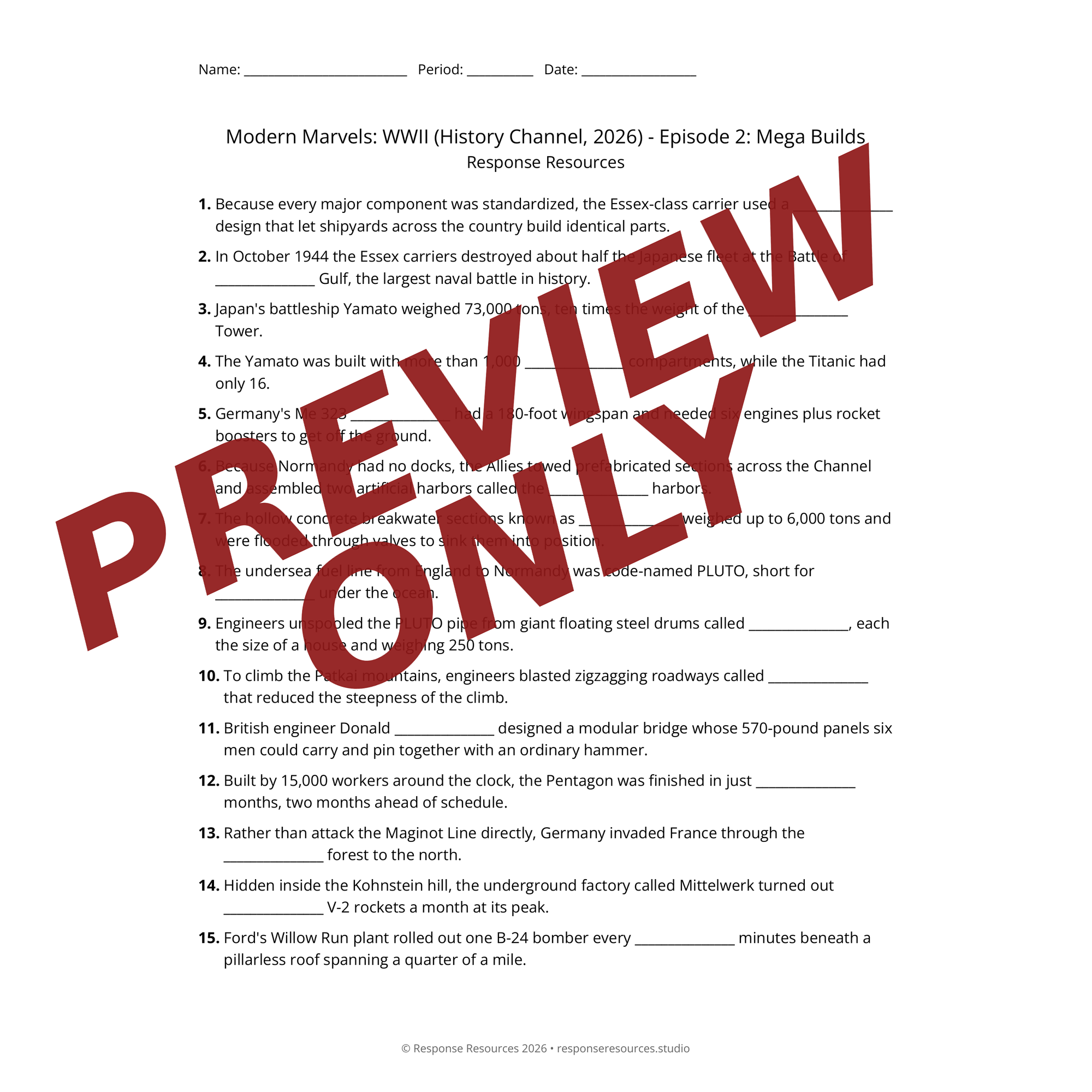 Preview of Modern Marvels: WWII (History Channel, 2026) - Episode 2: Mega Builds worksheet — fill-in-the-blank documentary worksheet for World History