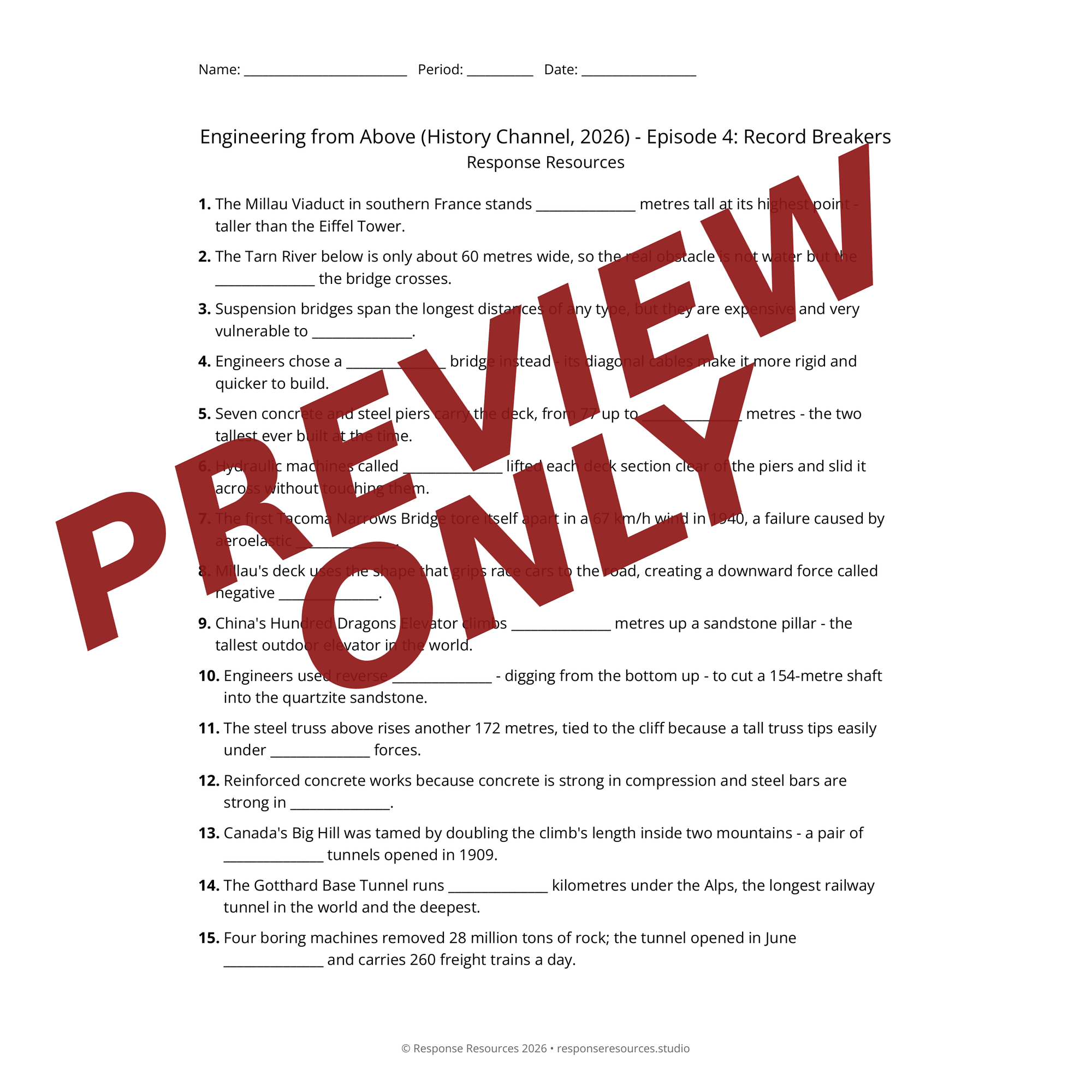 Preview of Engineering from Above (History Channel, 2026) - Episode 4: Record Breakers worksheet — fill-in-the-blank documentary worksheet for World History
