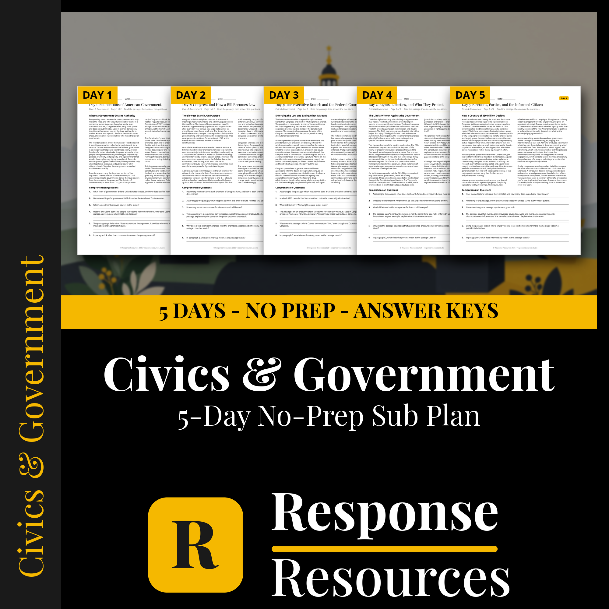 Response Resources 5-day no-prep U.S. Government and Civics substitute plan cover