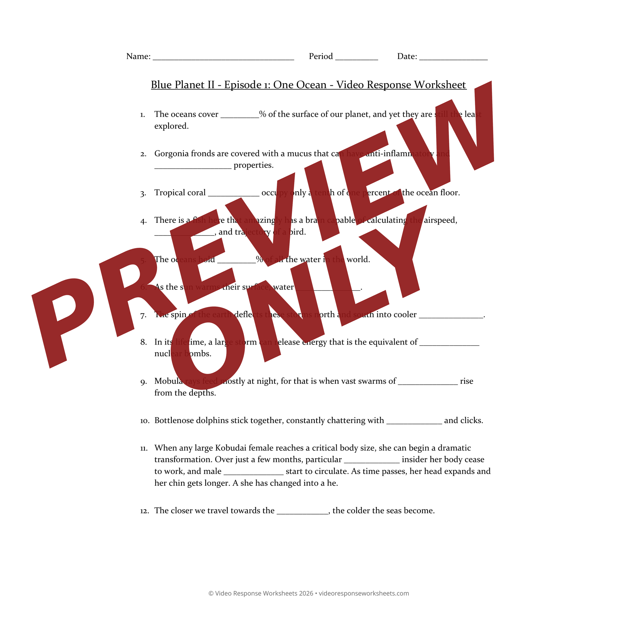 Preview of Blue Planet 2 bundle worksheet — fill-in-the-blank documentary worksheet for Marine Biology