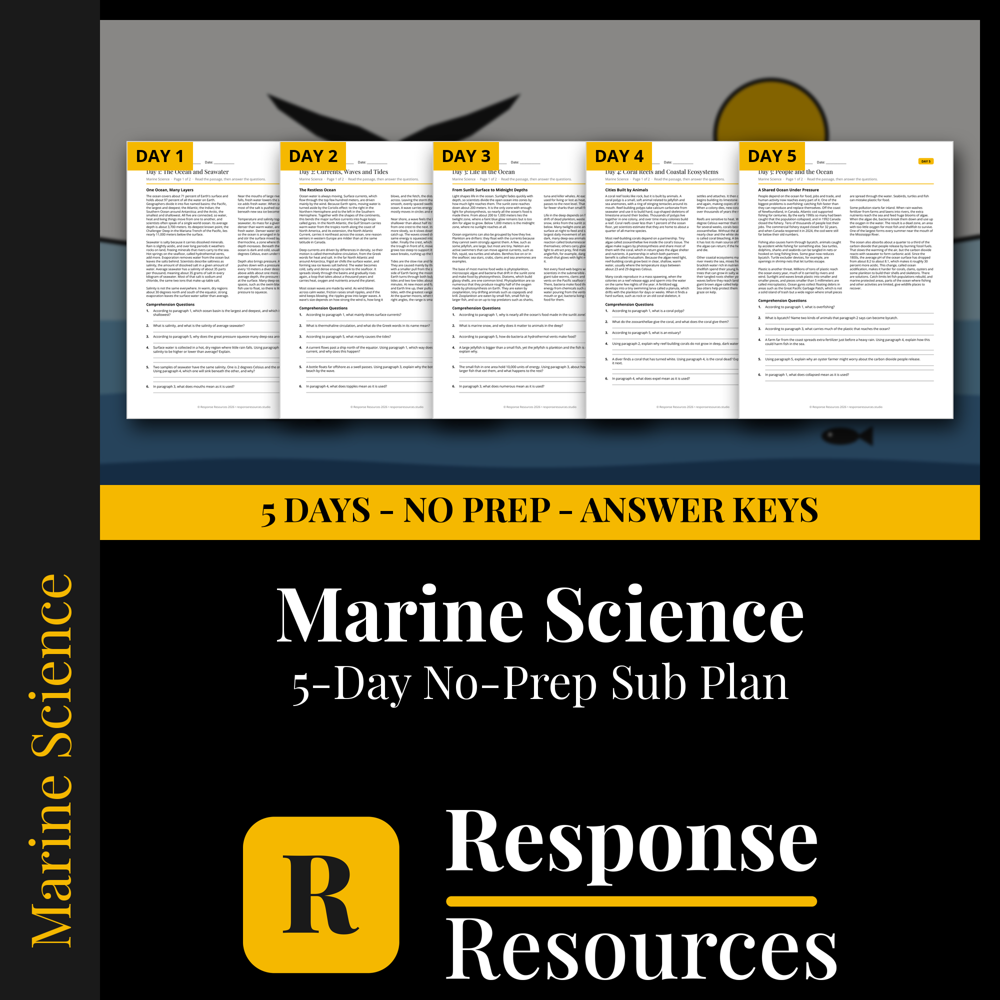 Response Resources 5-day no-prep Marine Science substitute plan cover
