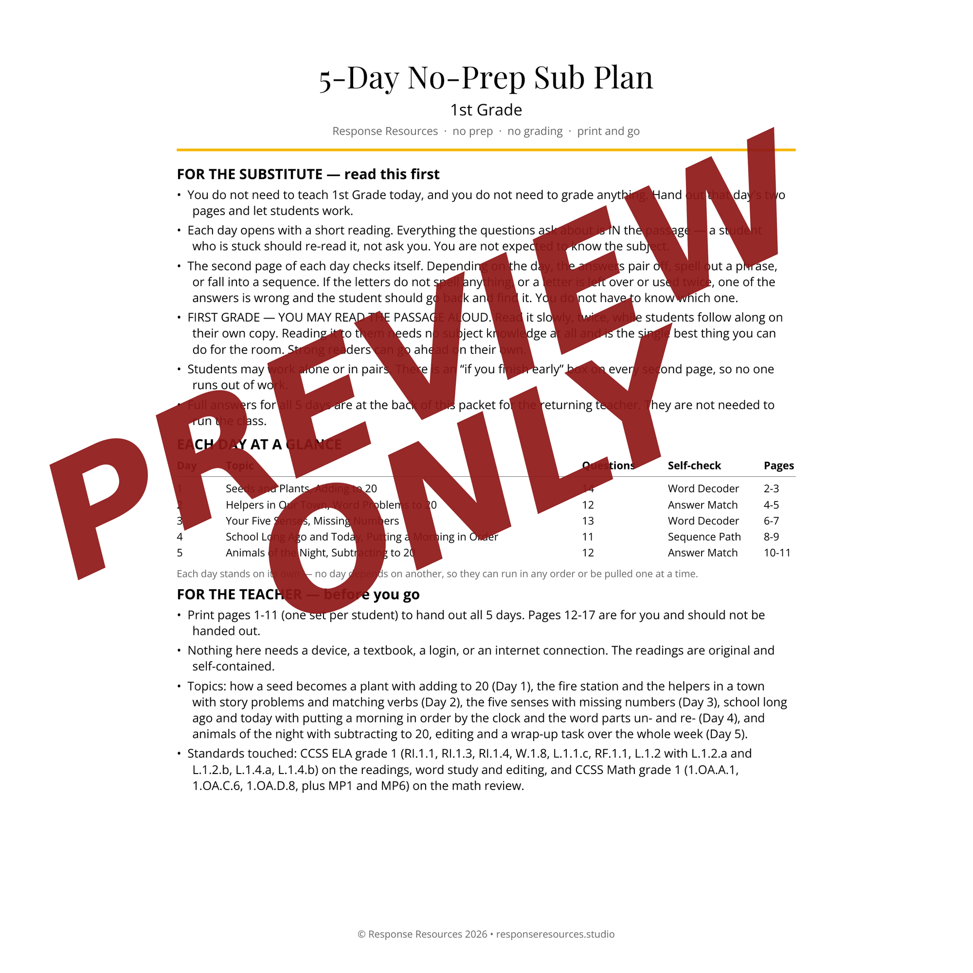 Preview of the 1st Grade sub plan — Sub & Teacher Notes page
