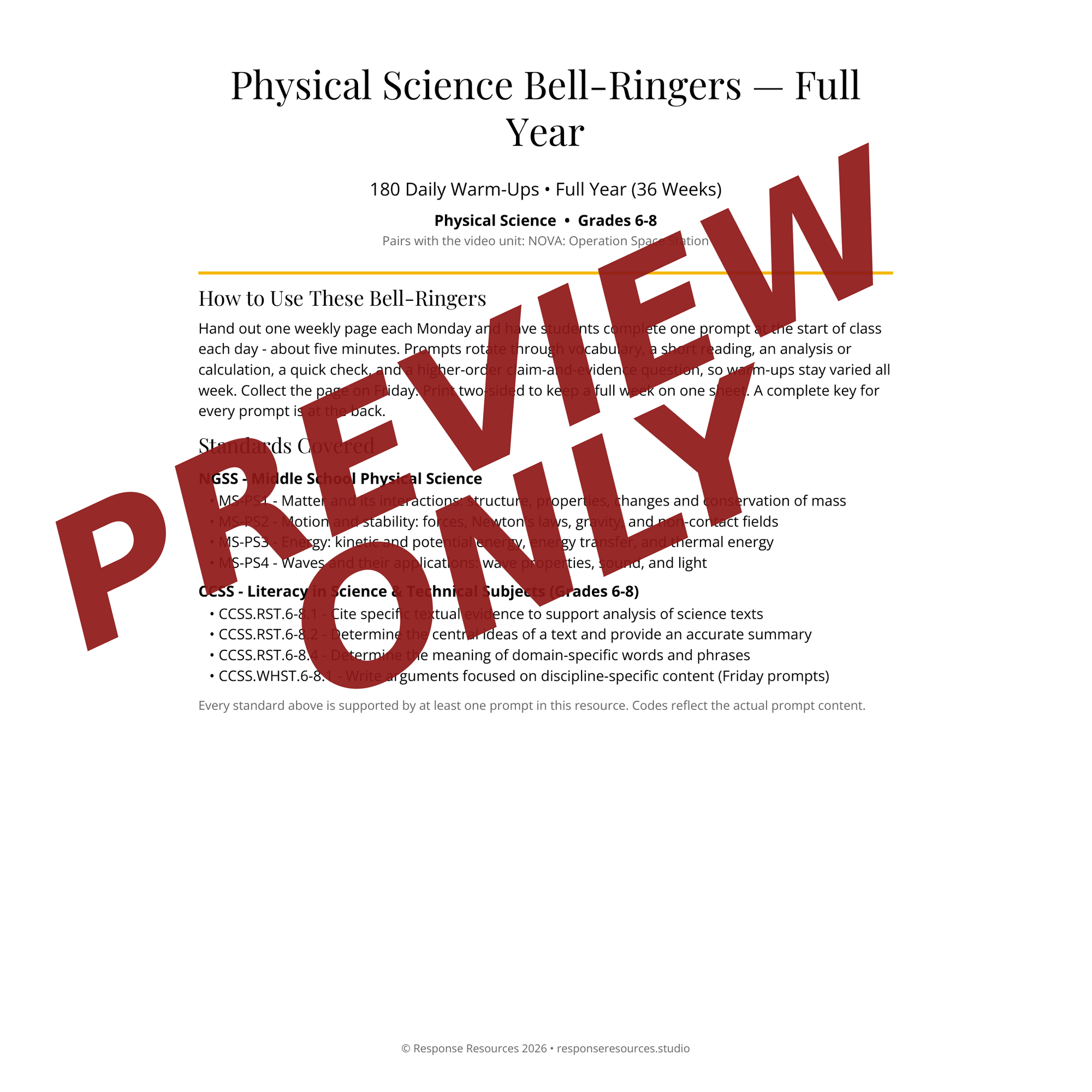 Preview page of Physical Science Bell-Ringers — Full Year